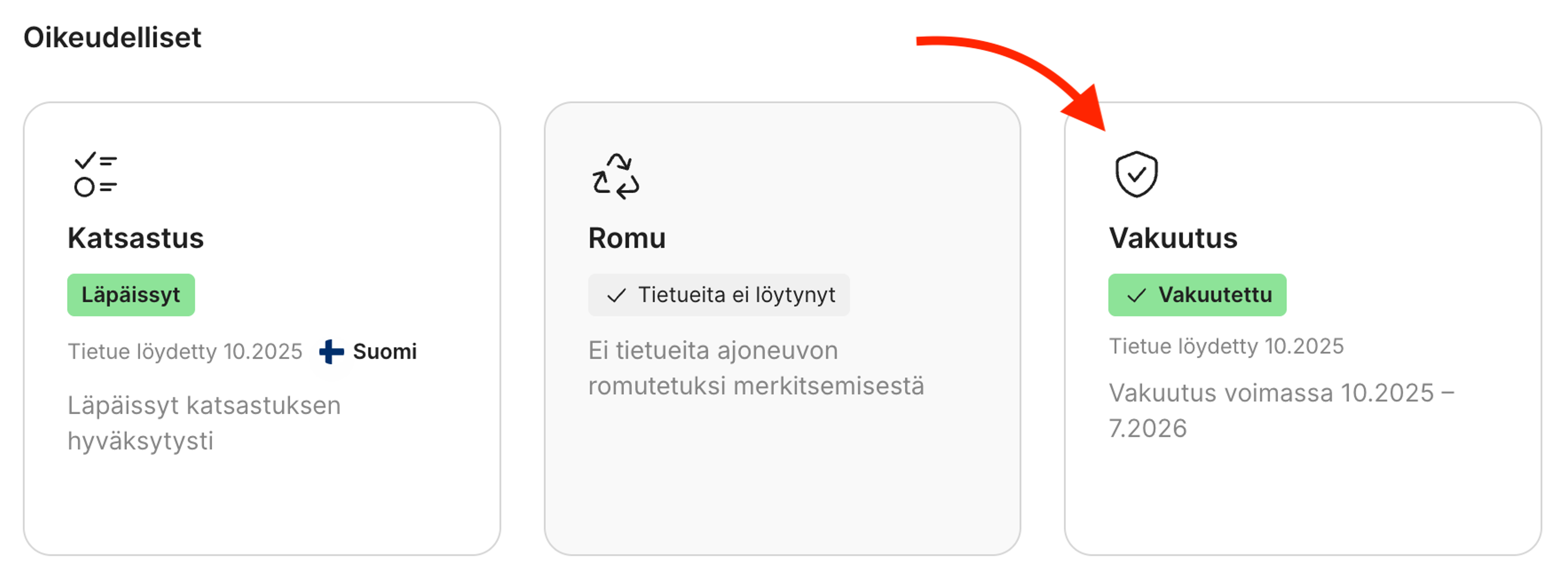 Oikeudellisten rajoitusten osiossa oleva Vakuutus-kenttä
