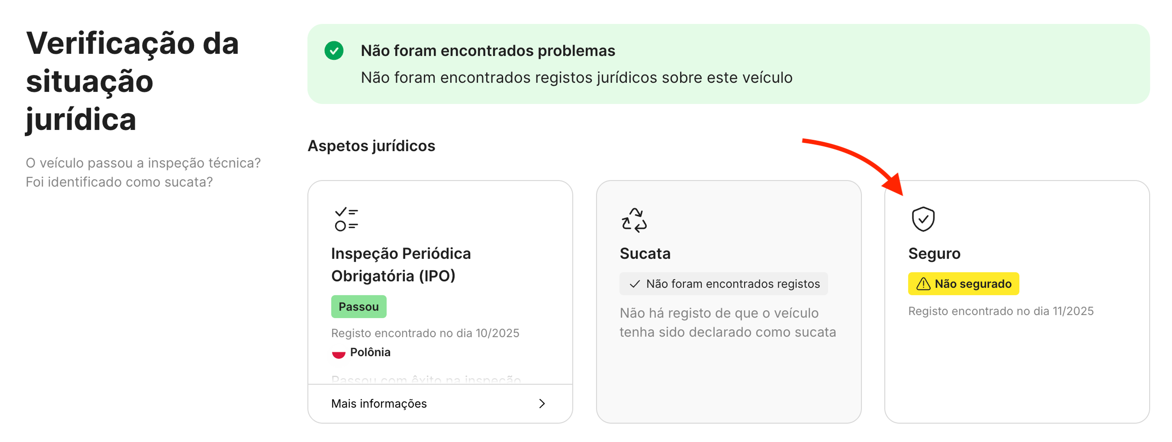 informação “Não segurado” destacada a amarelo