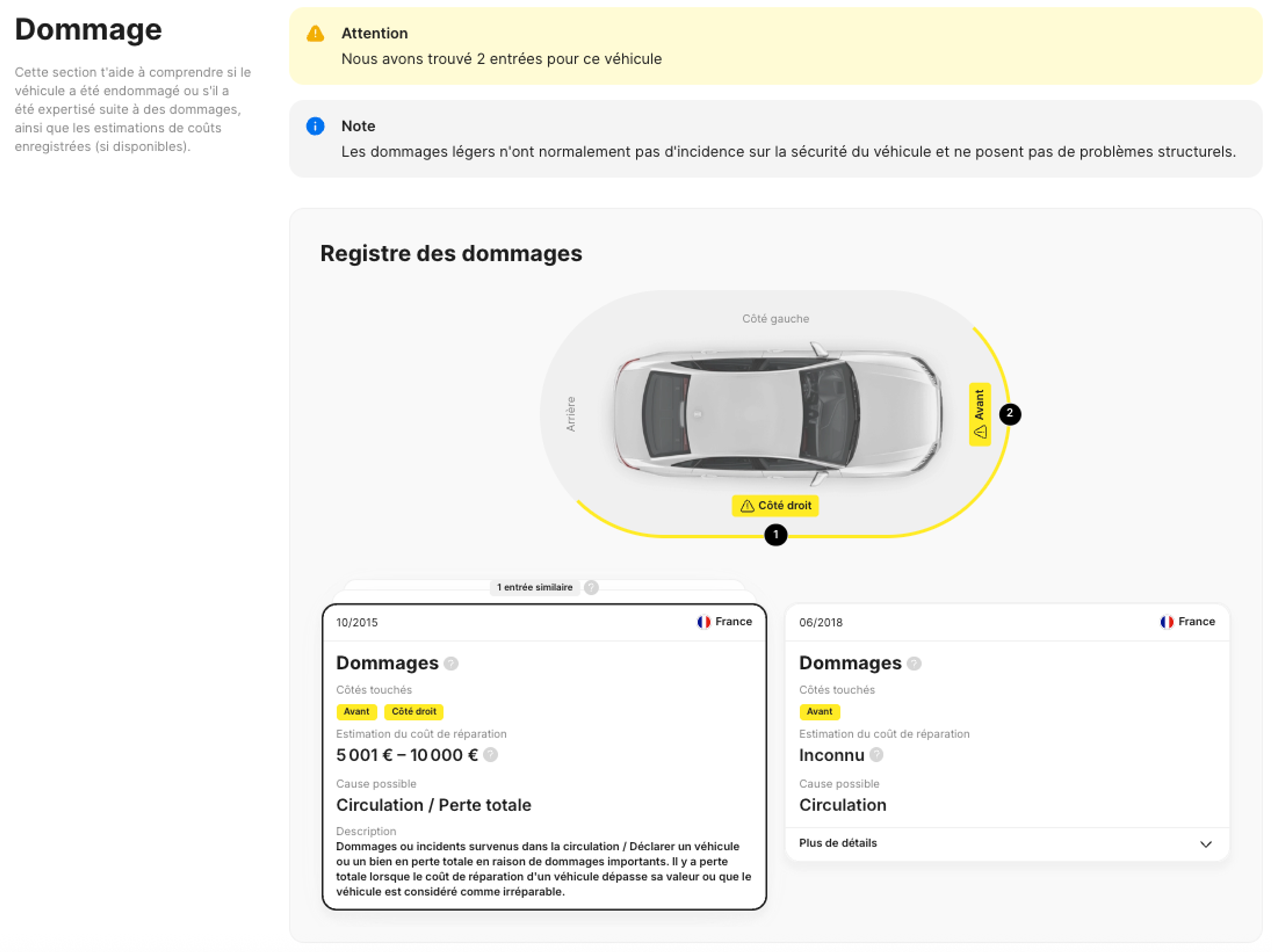 Extrait du rapport carVertical : section des dommages pour une voiture accidentée.