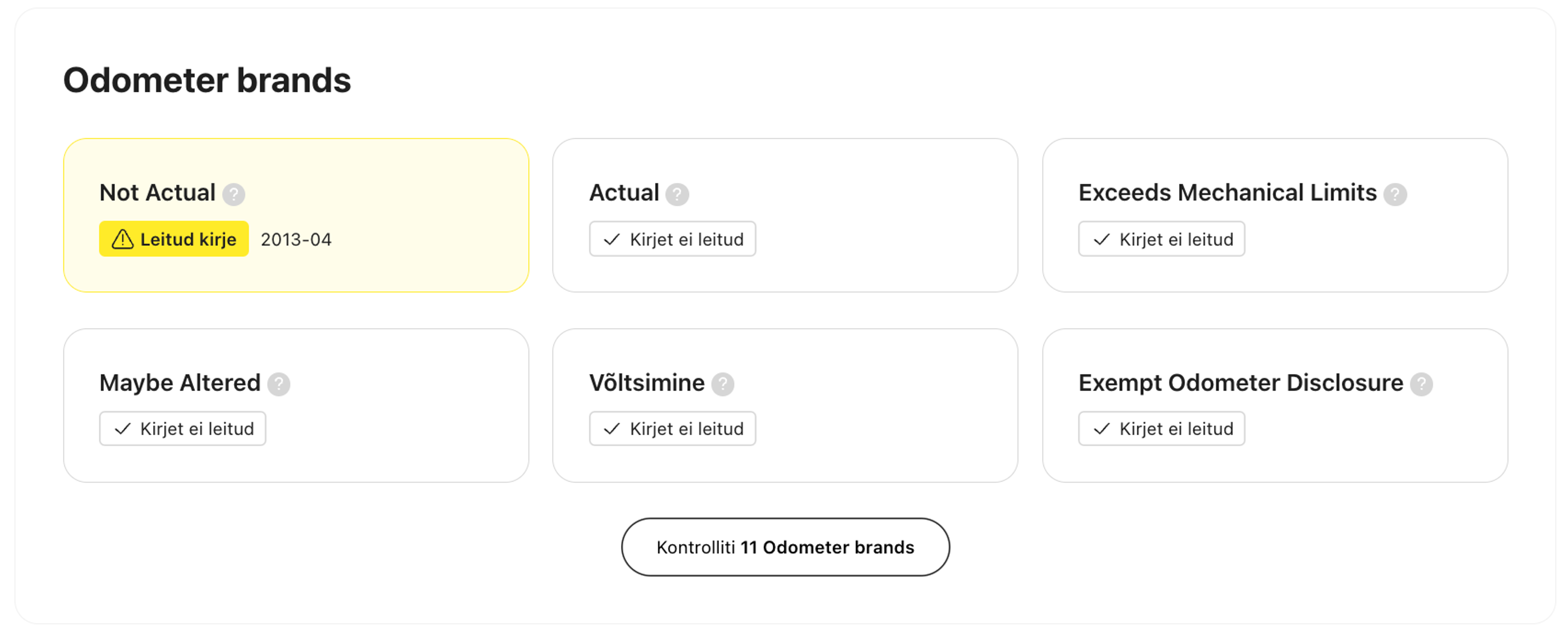 Odomeetriga seotud märgised carVerticali aruandes