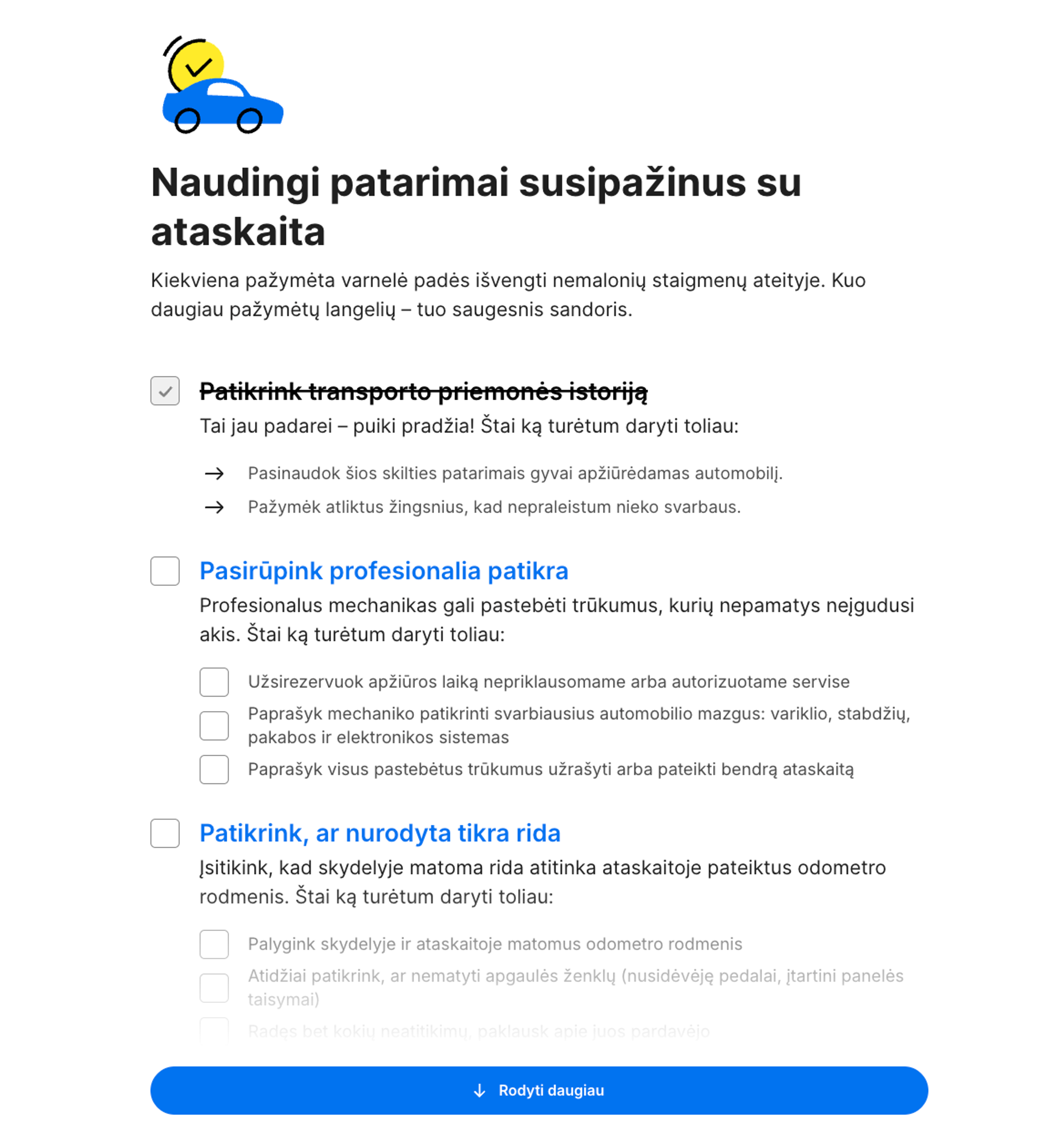 Kontrolinis sąrašas „Kas toliau?“ carVertical ataskaitoje