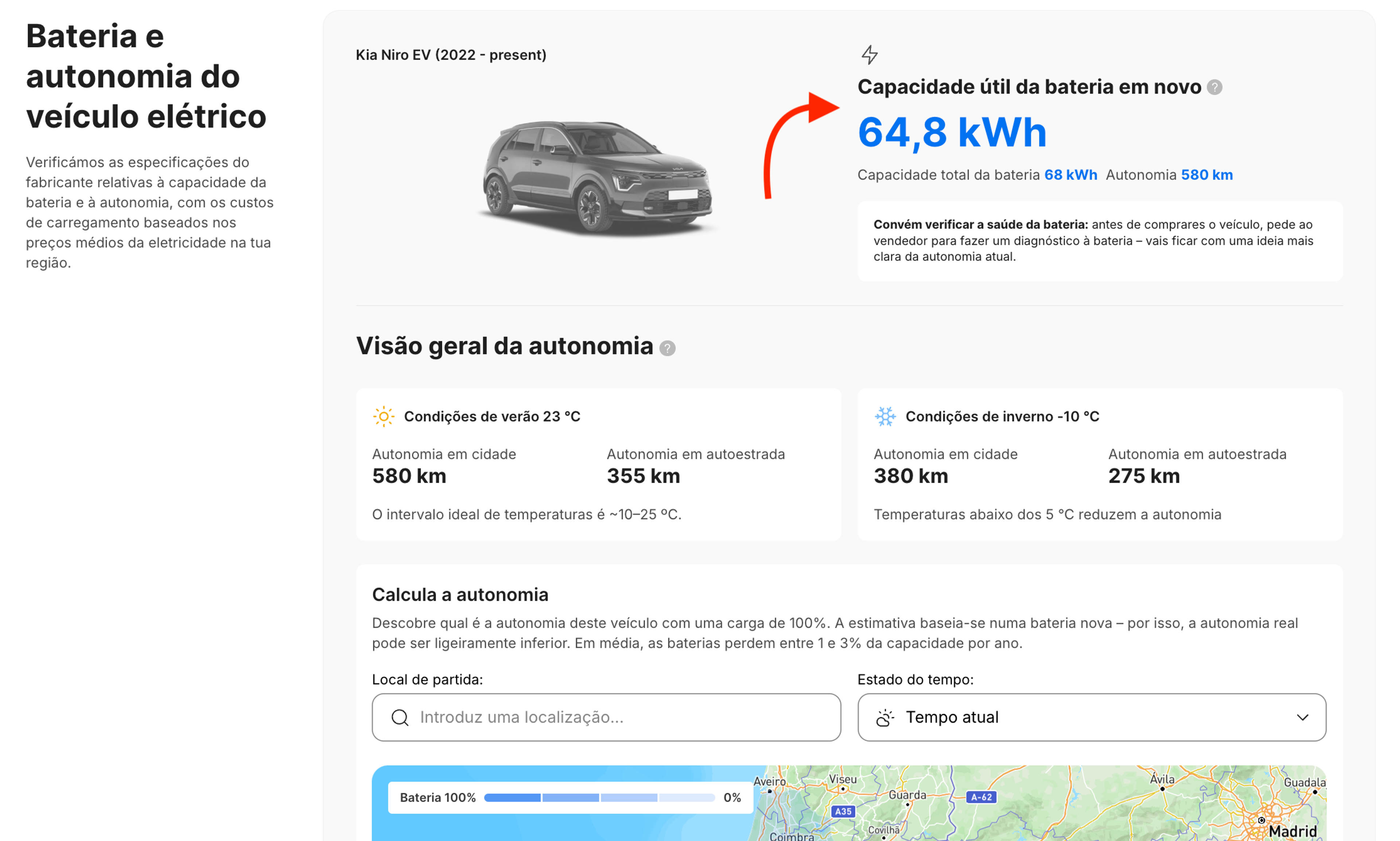 Capacidade da bateria e autonomia estimada de um VE, mostradas na secção «Bateria e autonomia do veículo elétrico» de um relatório da carVertical.