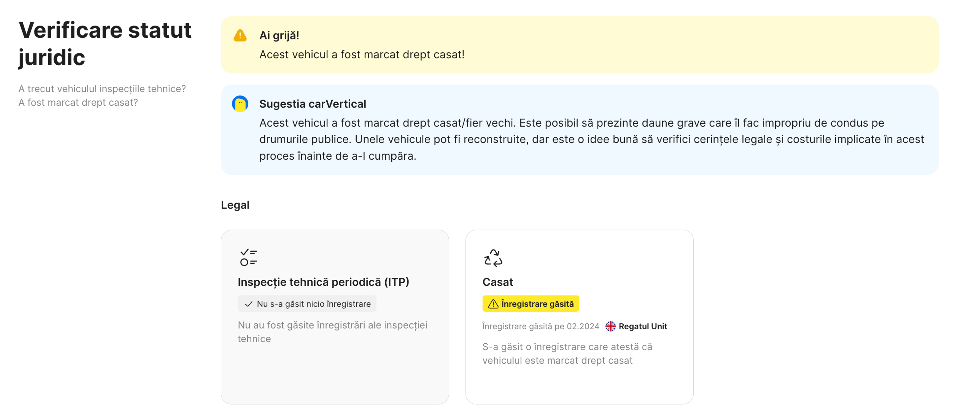 Înregistrare de casare dintr-un raport carVertical