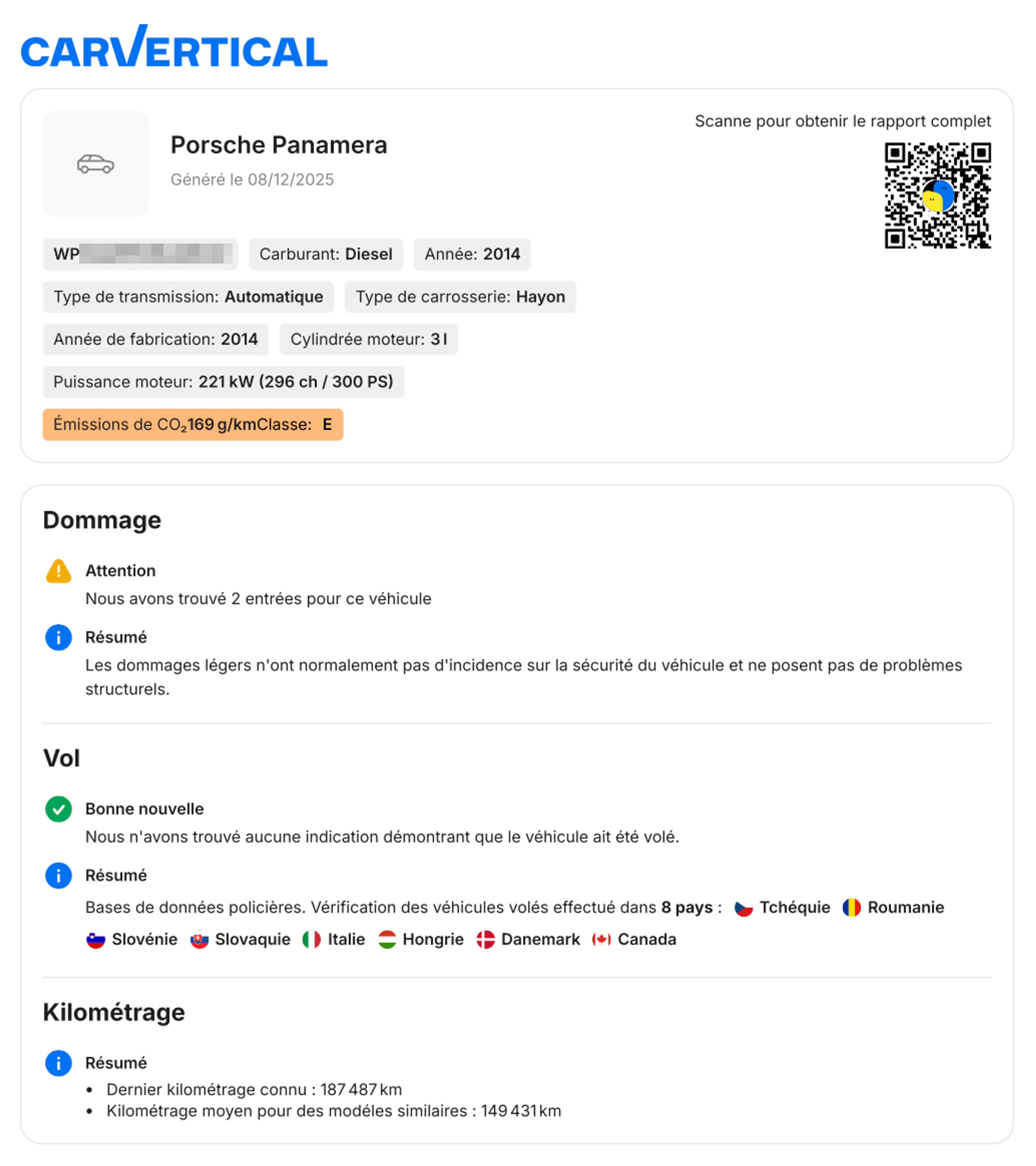Données du véhicule incluses dans la fiche PDF récapitulative
