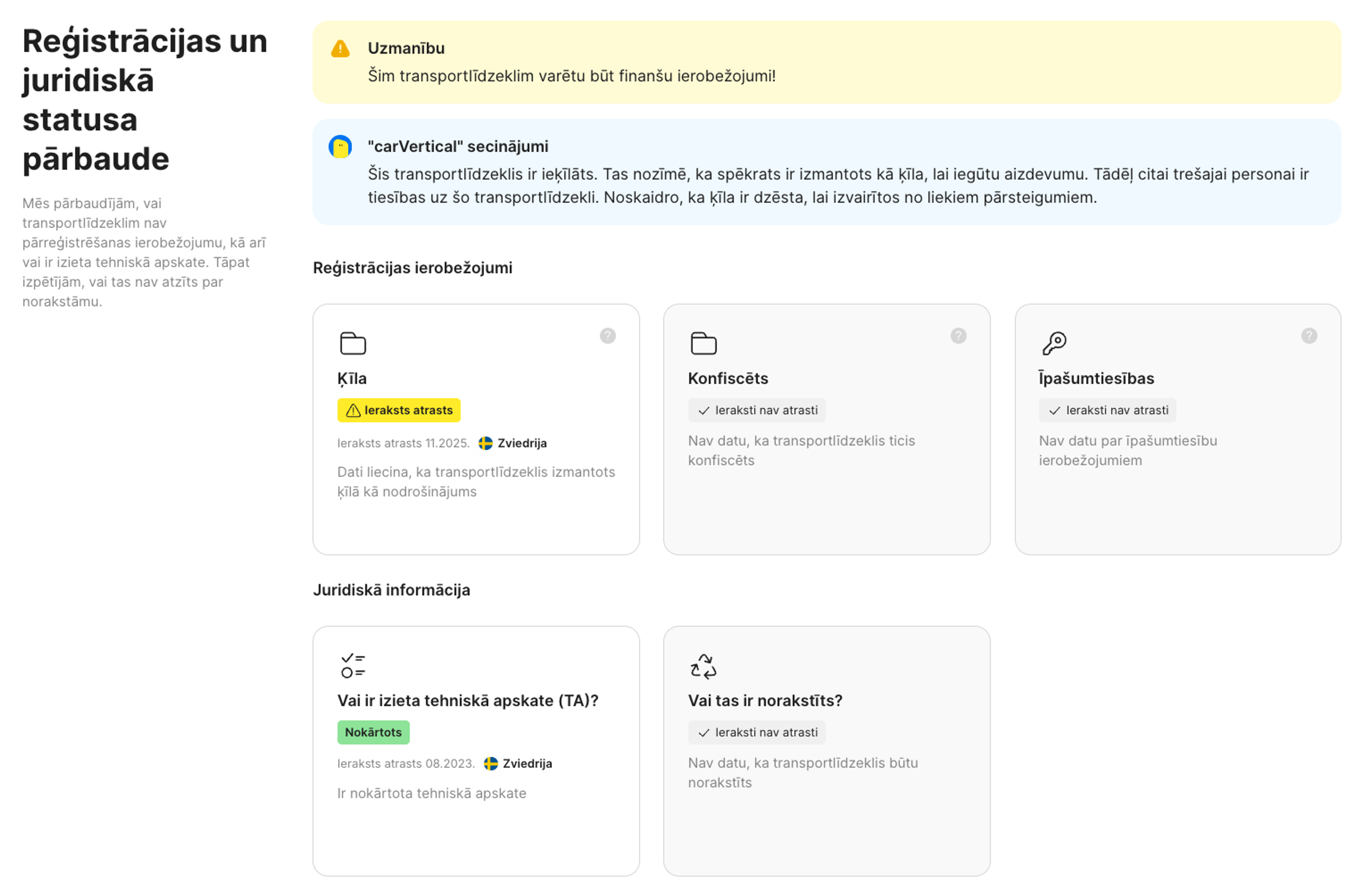 reģistrācijas un juridiskā statusa sadaļa carVertical pārskatā