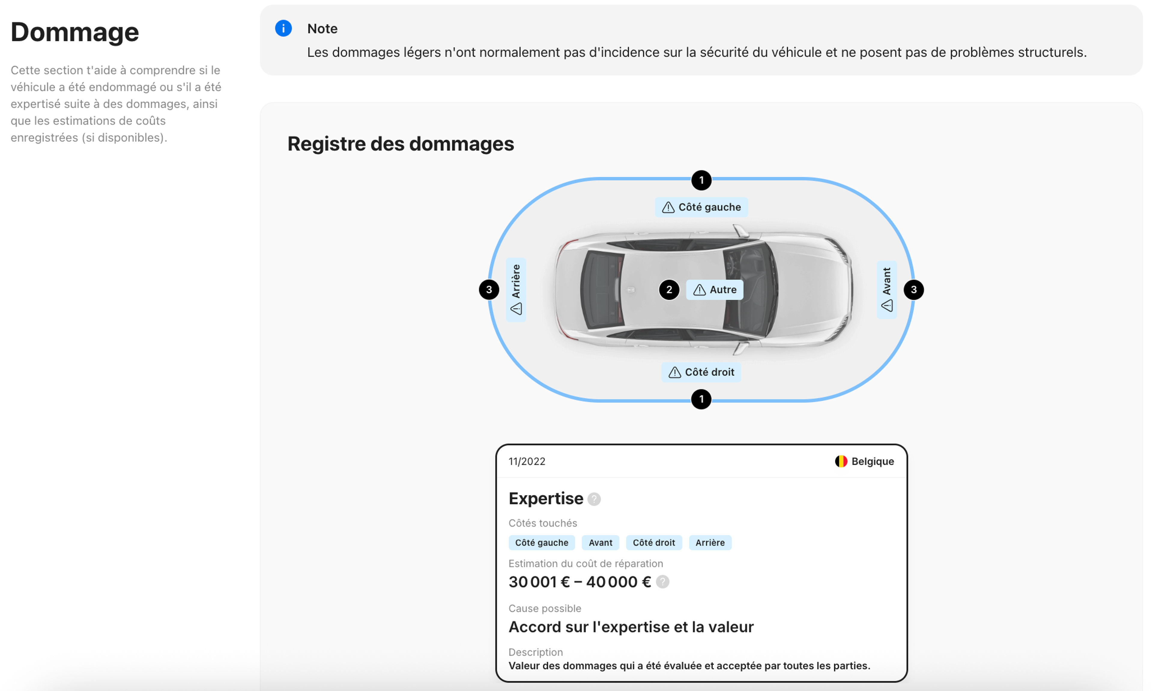 Enregistrement de dommages sur une voiture