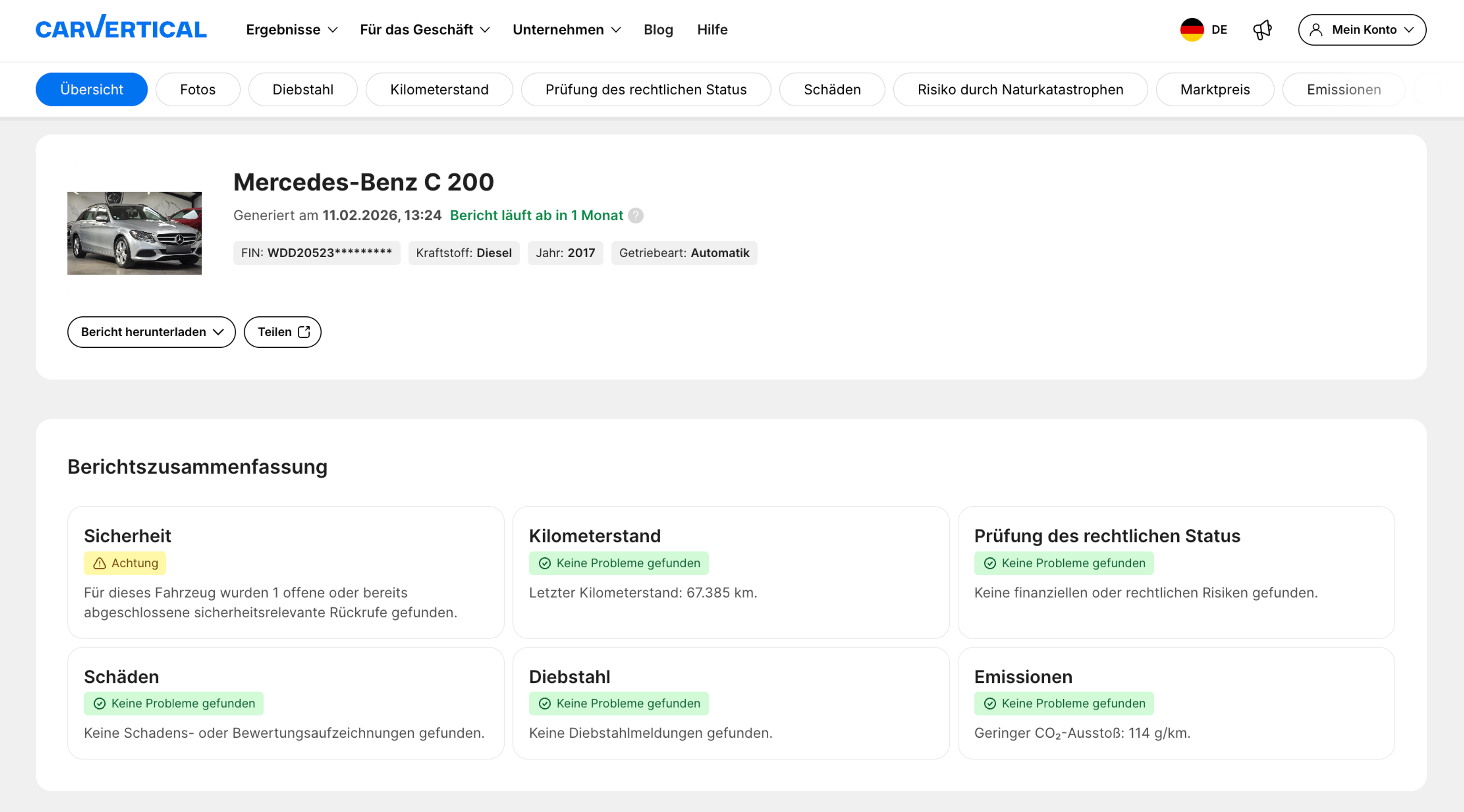 Berichtszusammenfassung im carVertical-Bericht