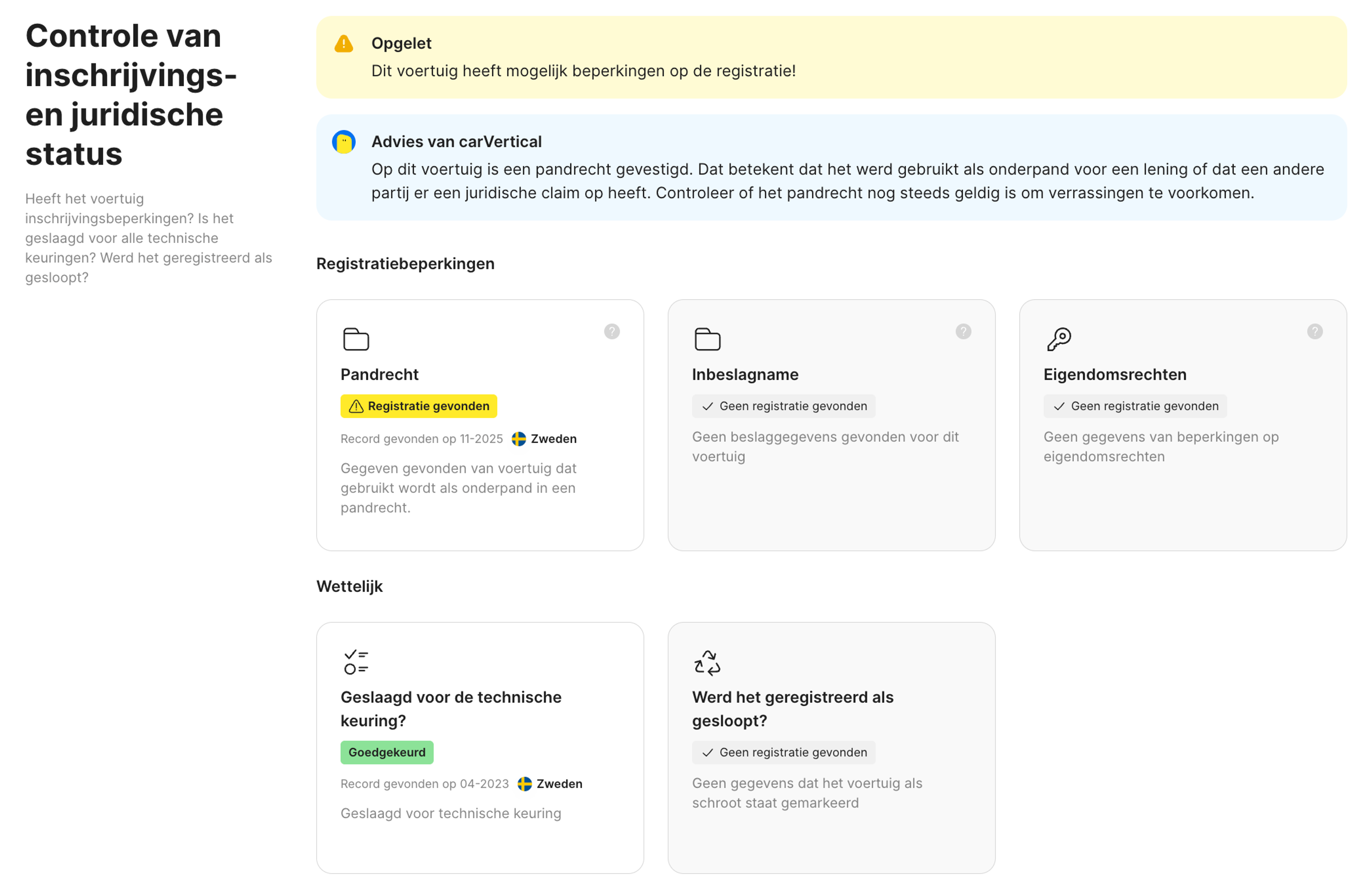 Registratie en juridische status in het carVertical-rapport