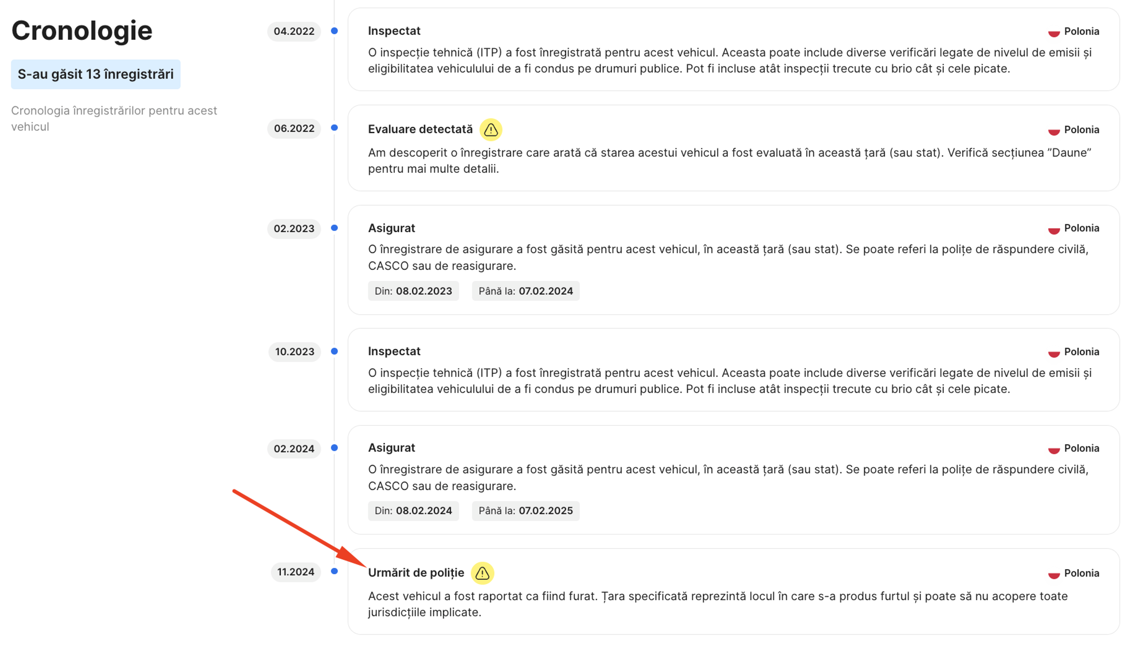 Secțiunea Cronologie dintr-un raport care prezintă o înregistrare de furt