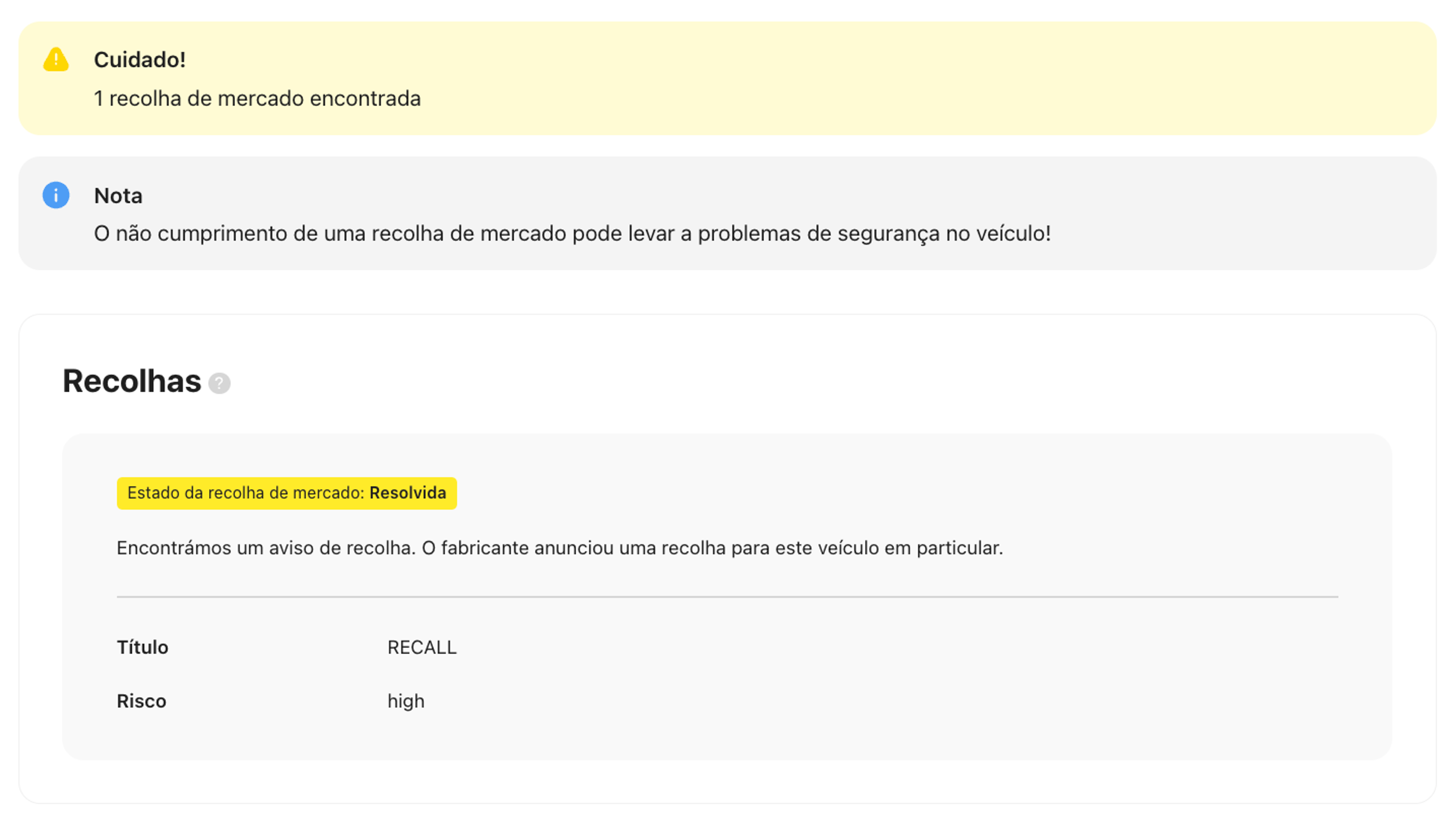 Recall ativo de automóvel na secção Segurança