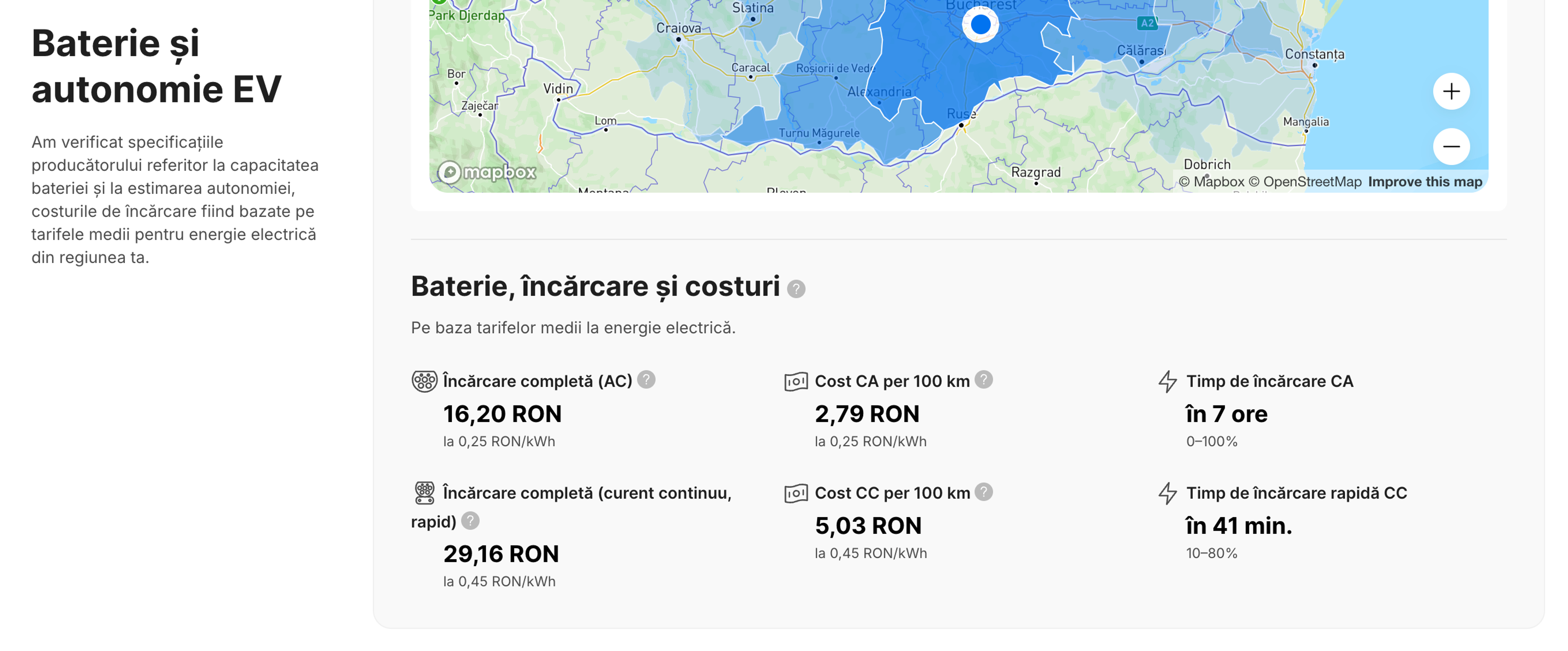 Prezentarea timpului de încărcare a unui vehicul electric și a estimărilor costurilor într-un raport carVertical.
