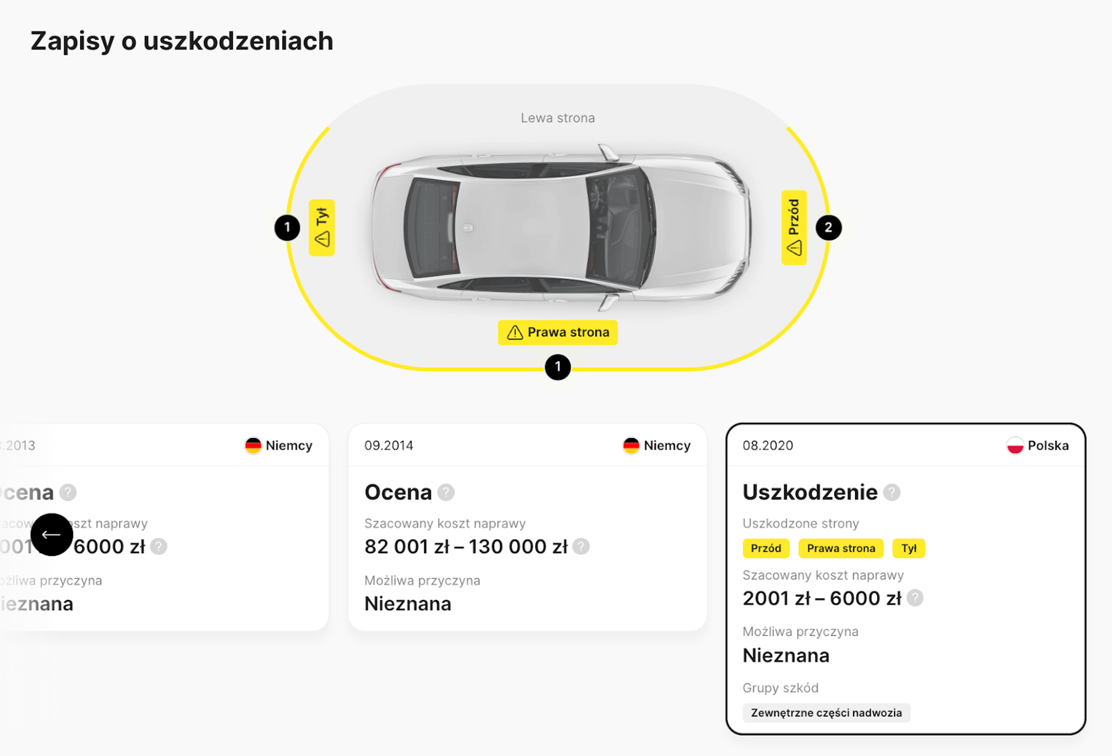 Sekcja Uszkodzenia w raporcie carVertical