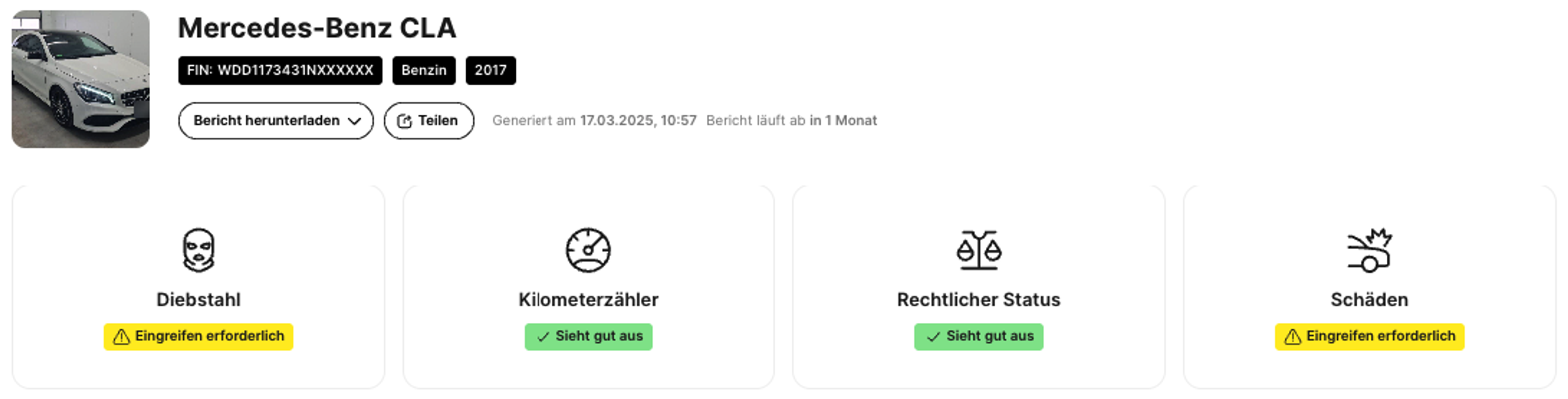 Hinweis auf einen Diebstahl im Fahrzeugbericht