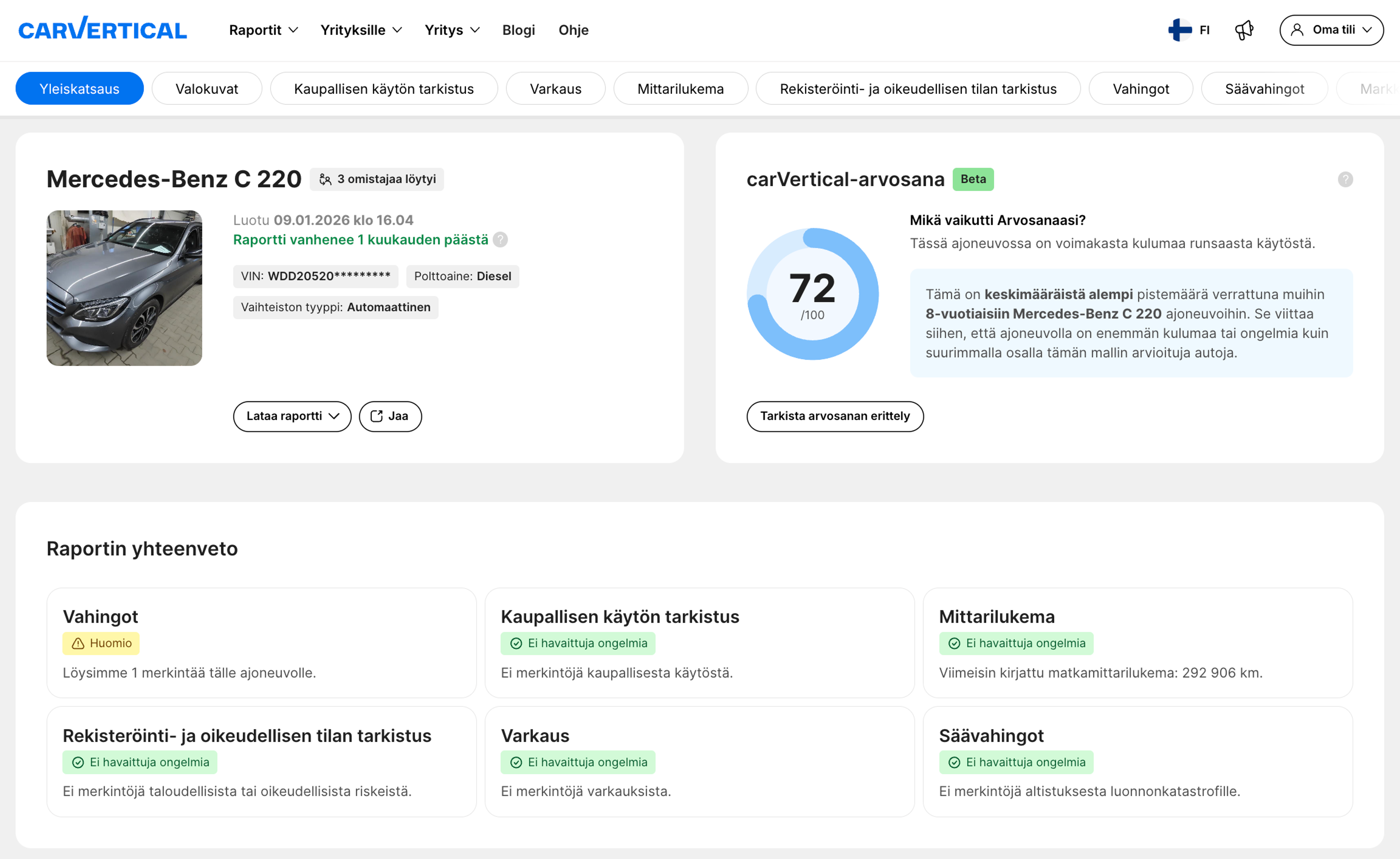 carVertical-historiaraportin käyttöliittymä