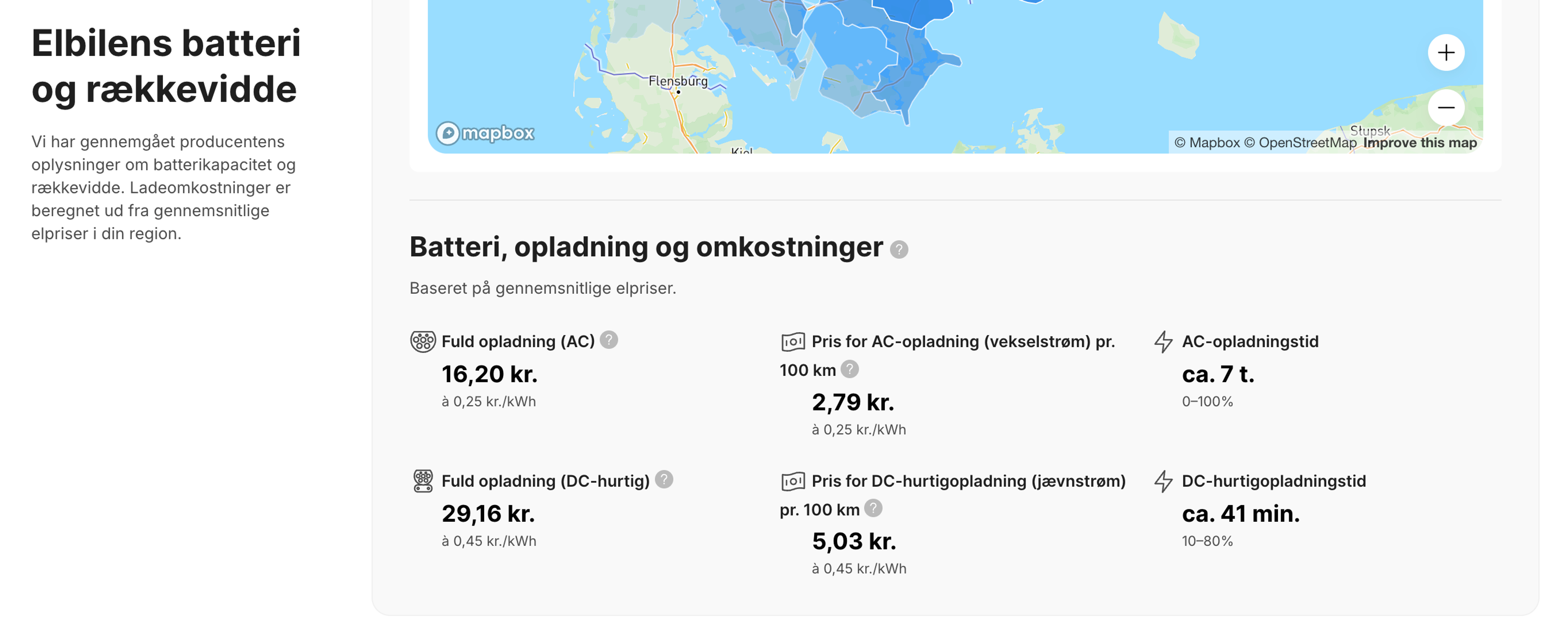 Estimater for opladningstid og opladningsomkostninger i køretøjsrapporten.