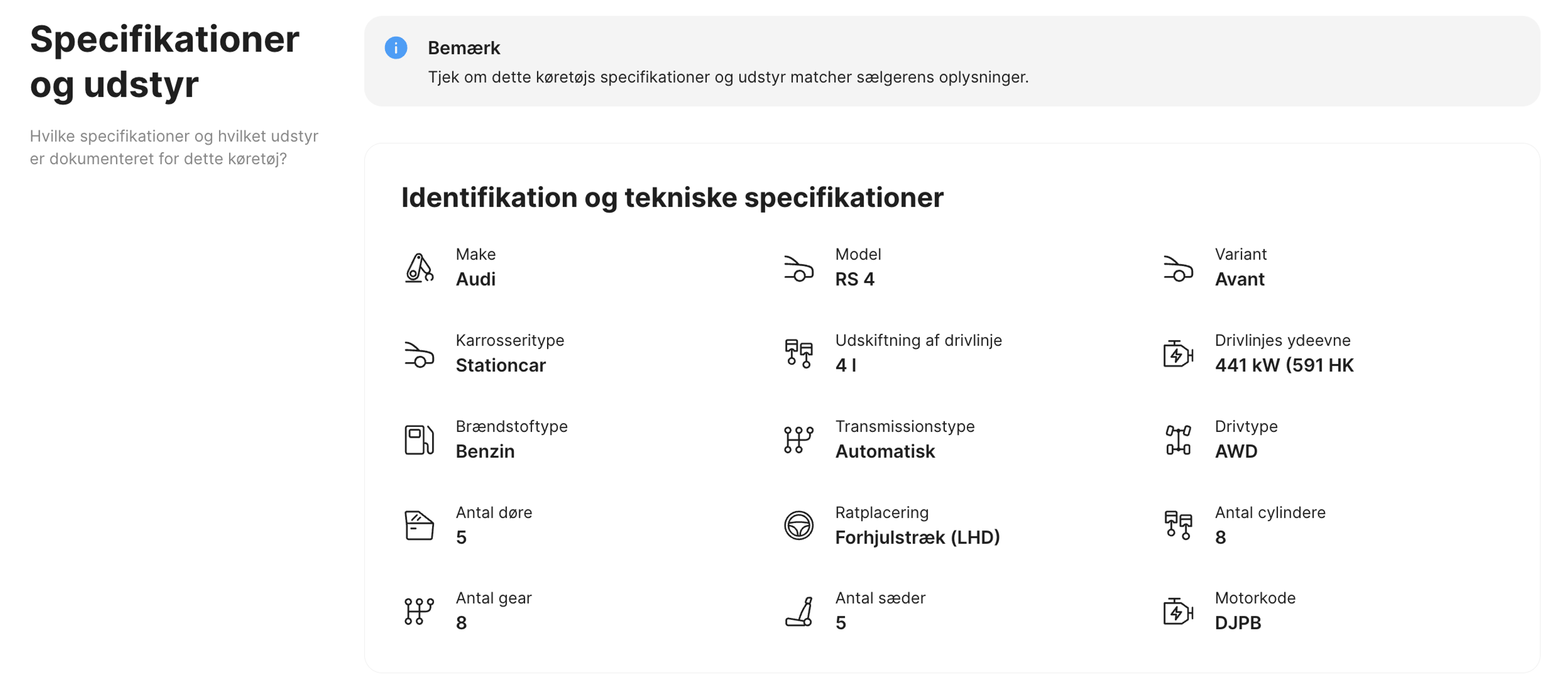 Specifikationer og udstyrssektion i carVertical rapport