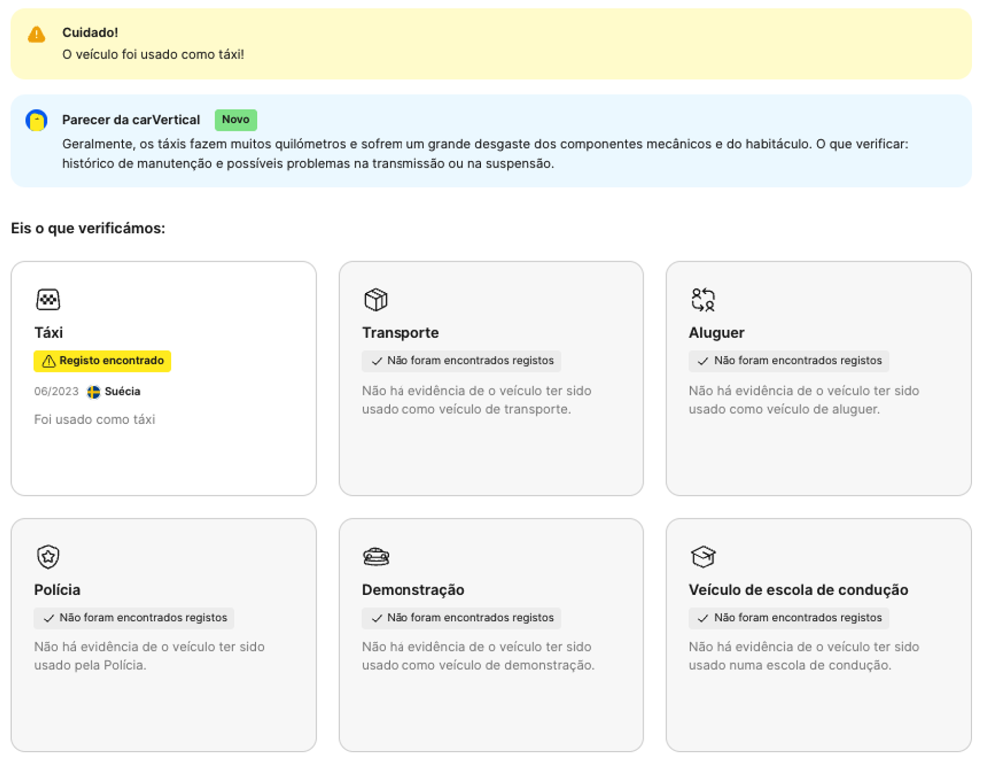 Registo que mostra que um veículo já tinha sido usado como táxi