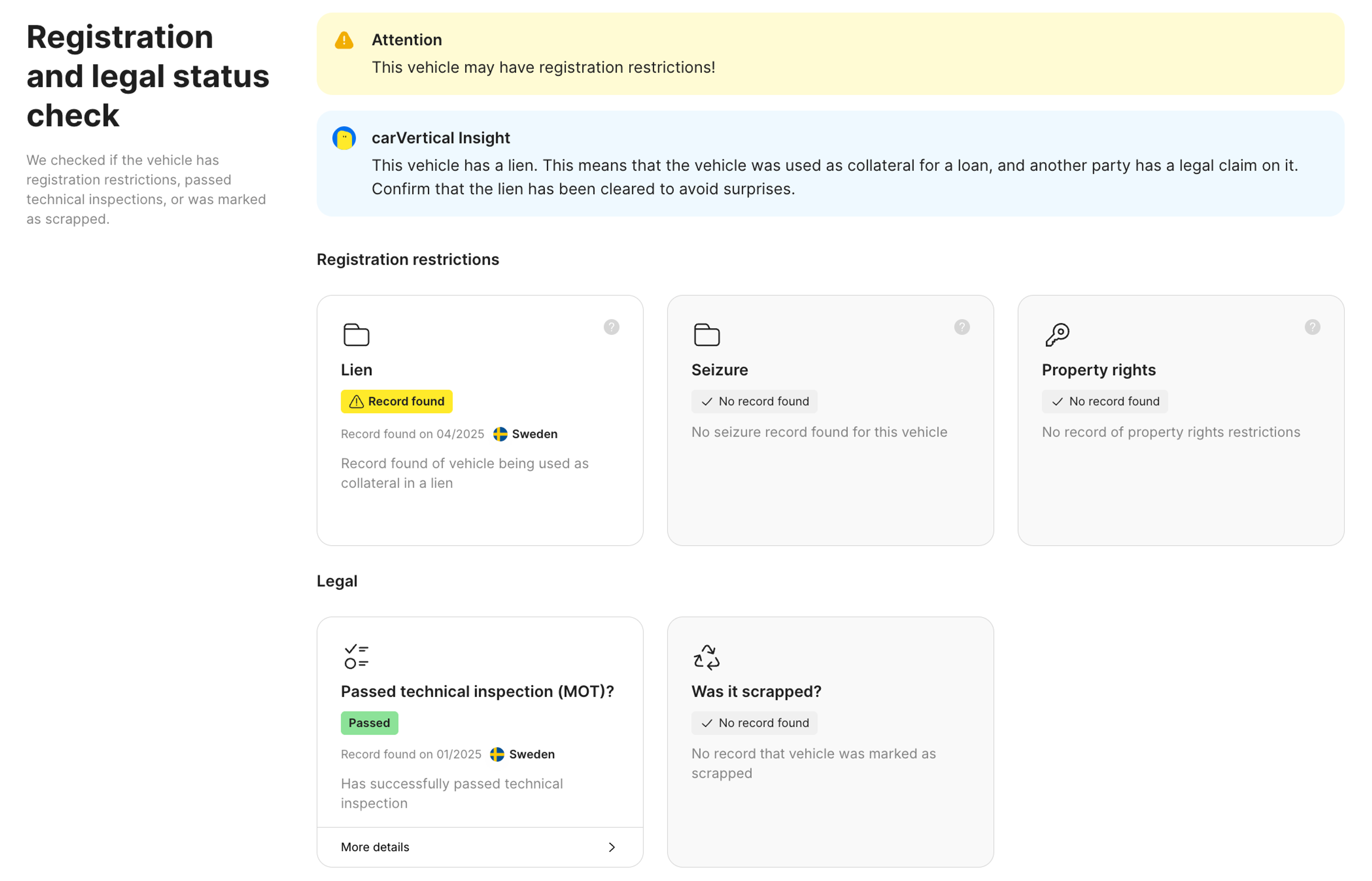 registration and legal status feature in carVertical report