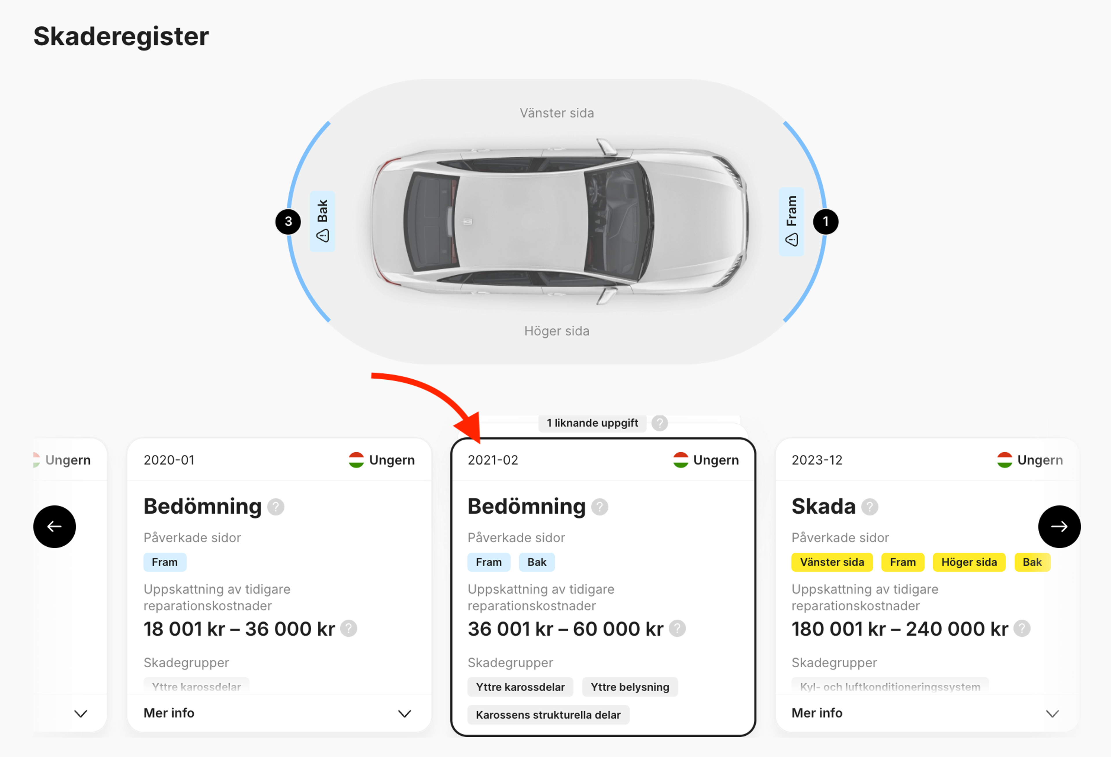 Skade- och bedömningskort i carVertical-rapporten