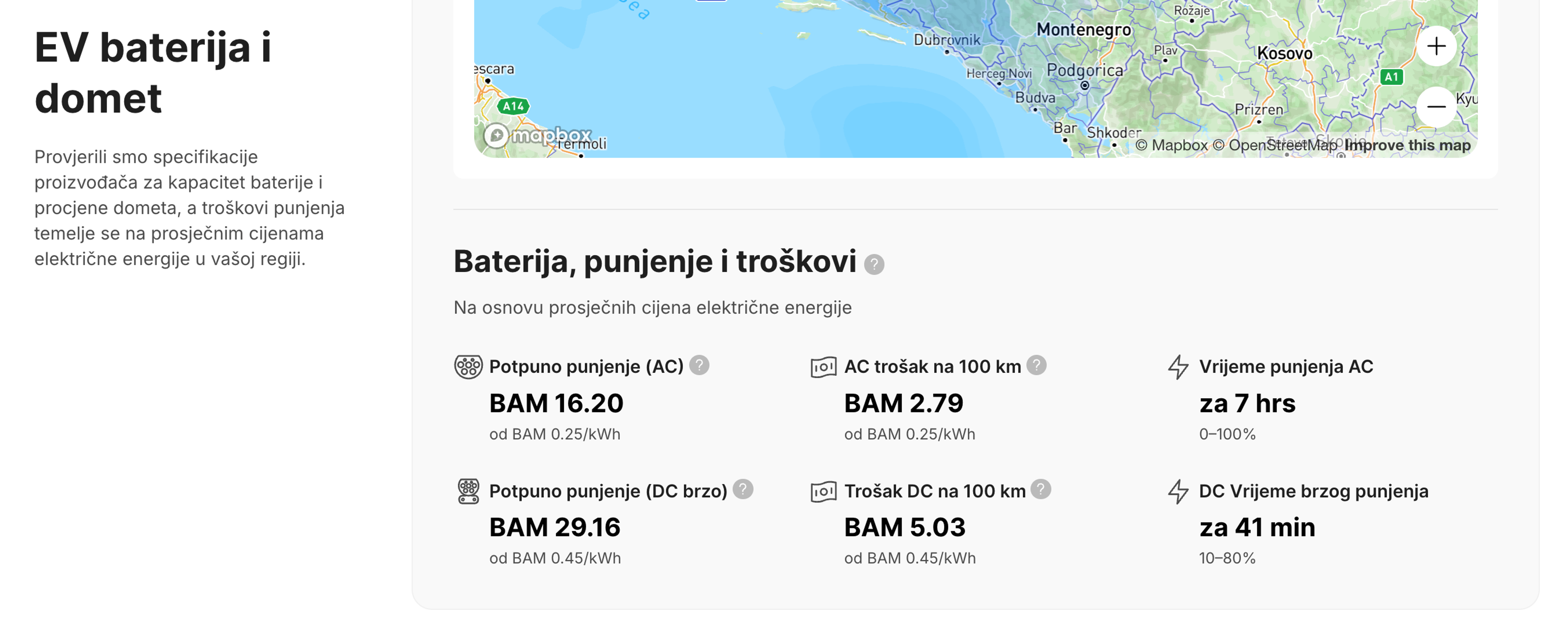 Procjene vremena punjenja i troškova EV-a u izvještaju o vozilu.
