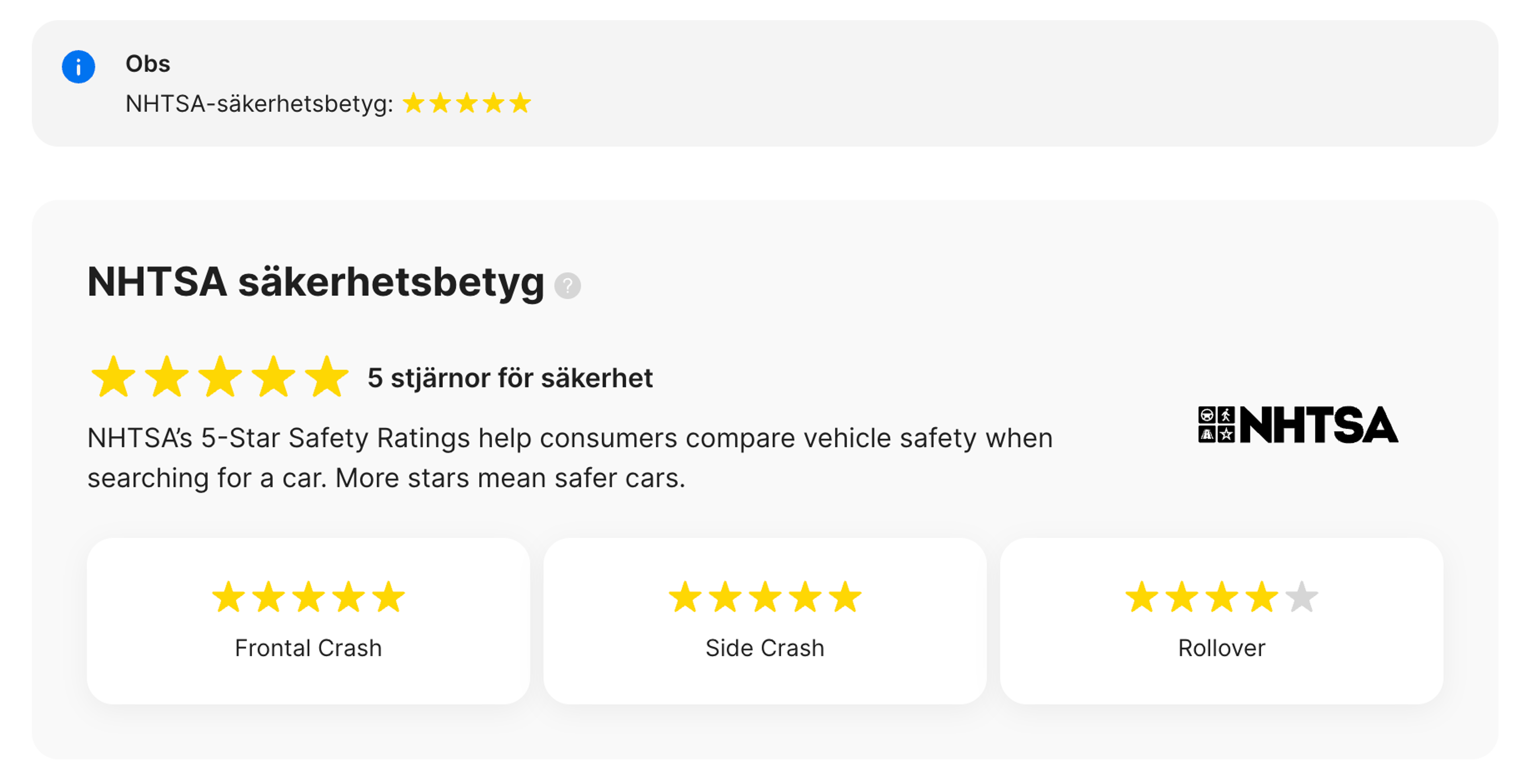 NHTSA-avsnittet i rapporten "carVertical"