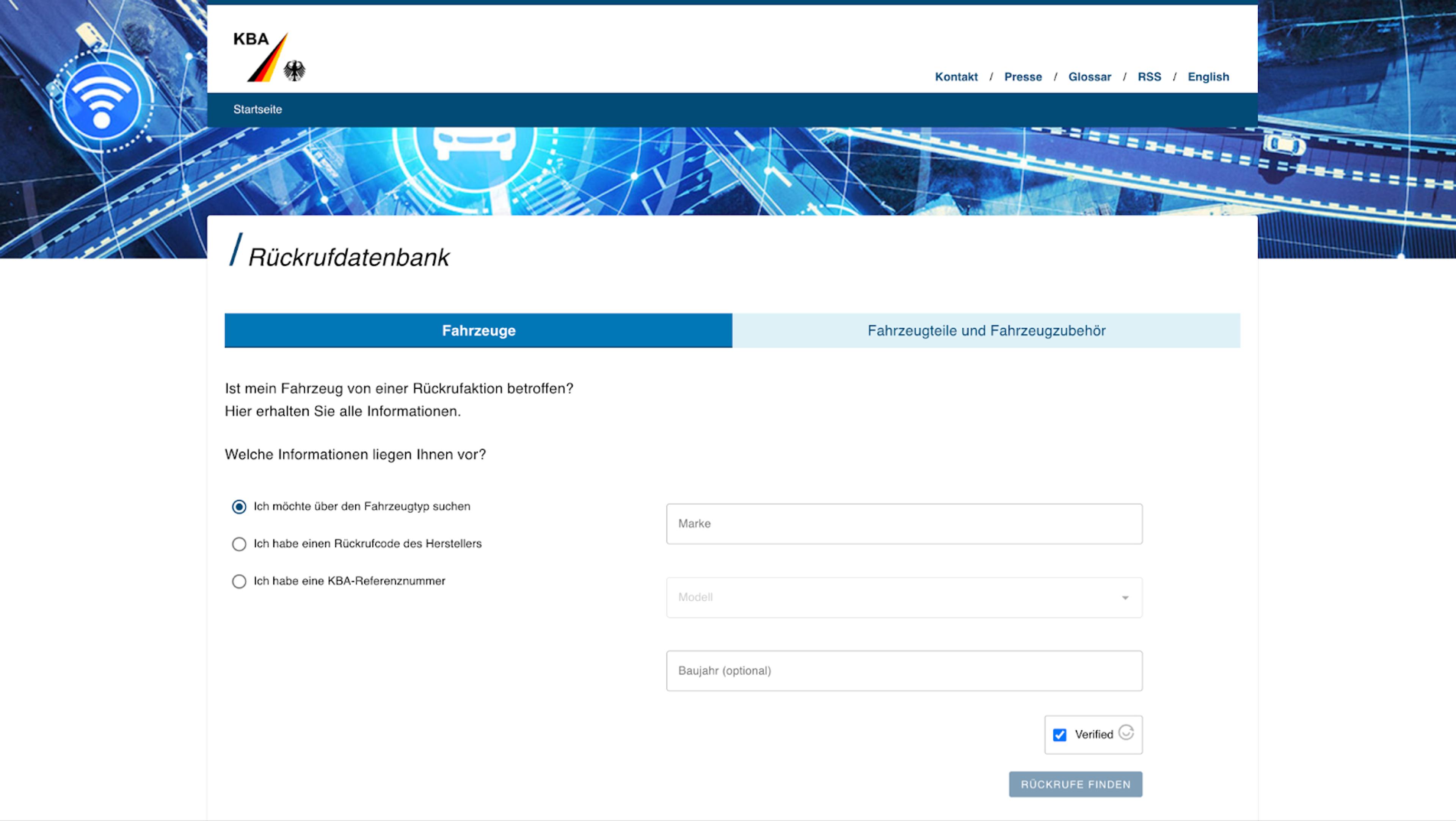 Suchmaske der KBA-Rückrufdatenbank zur Prüfung von Fahrzeugrückrufen per Fahrgestellnummer