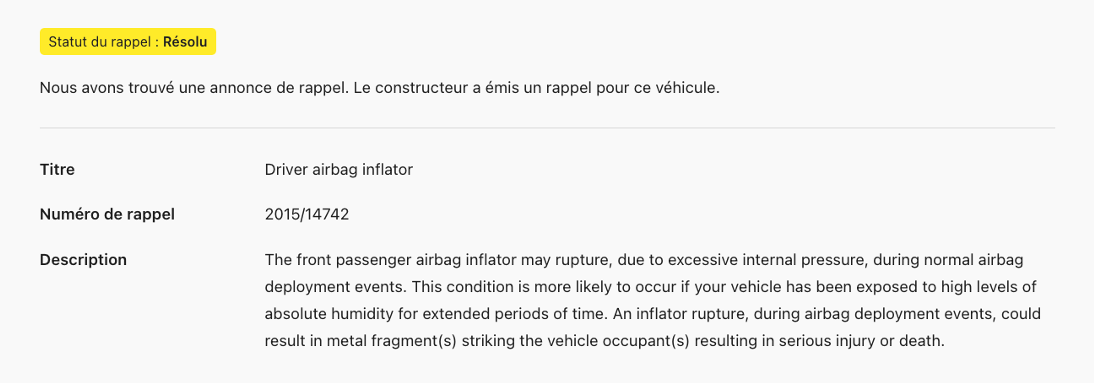 Description complète du rappel de voiture