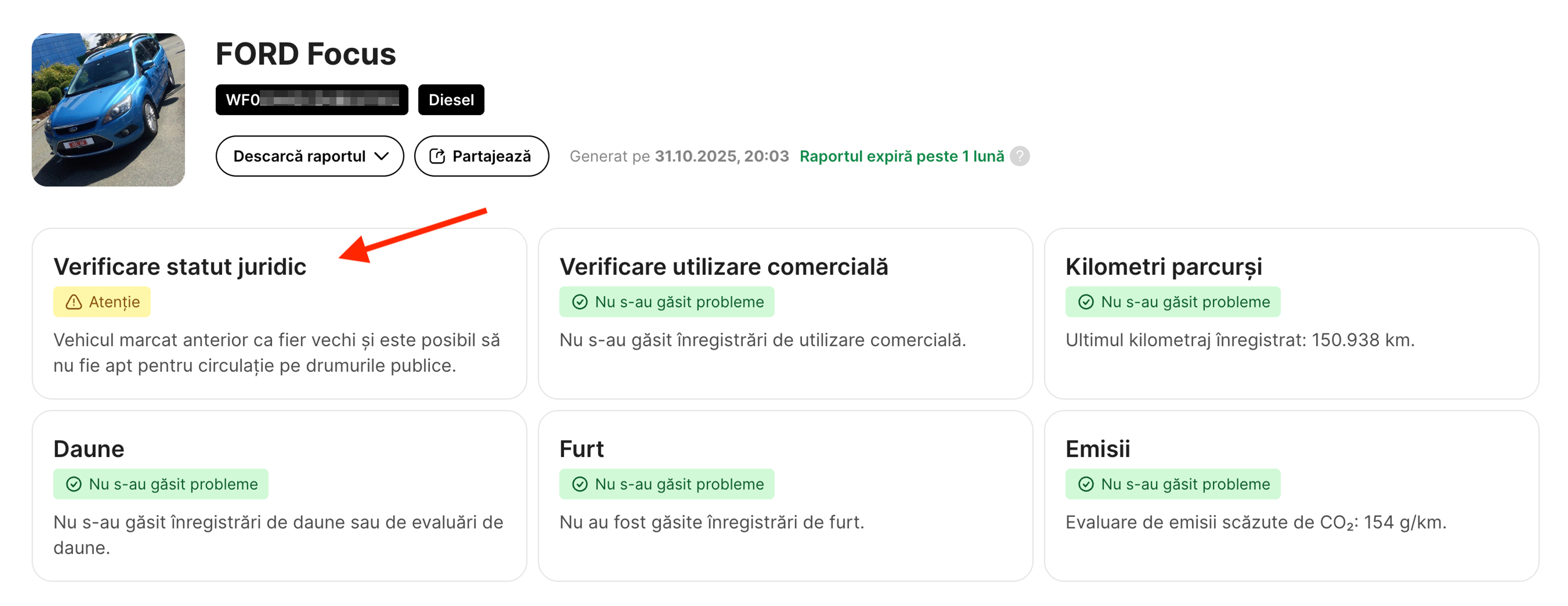 înregistrările juridice găsite în raportul carVertical