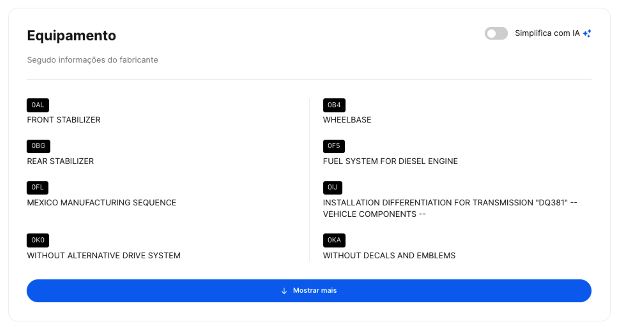 Equipamentos de um veículo listados num relatório da carVertical