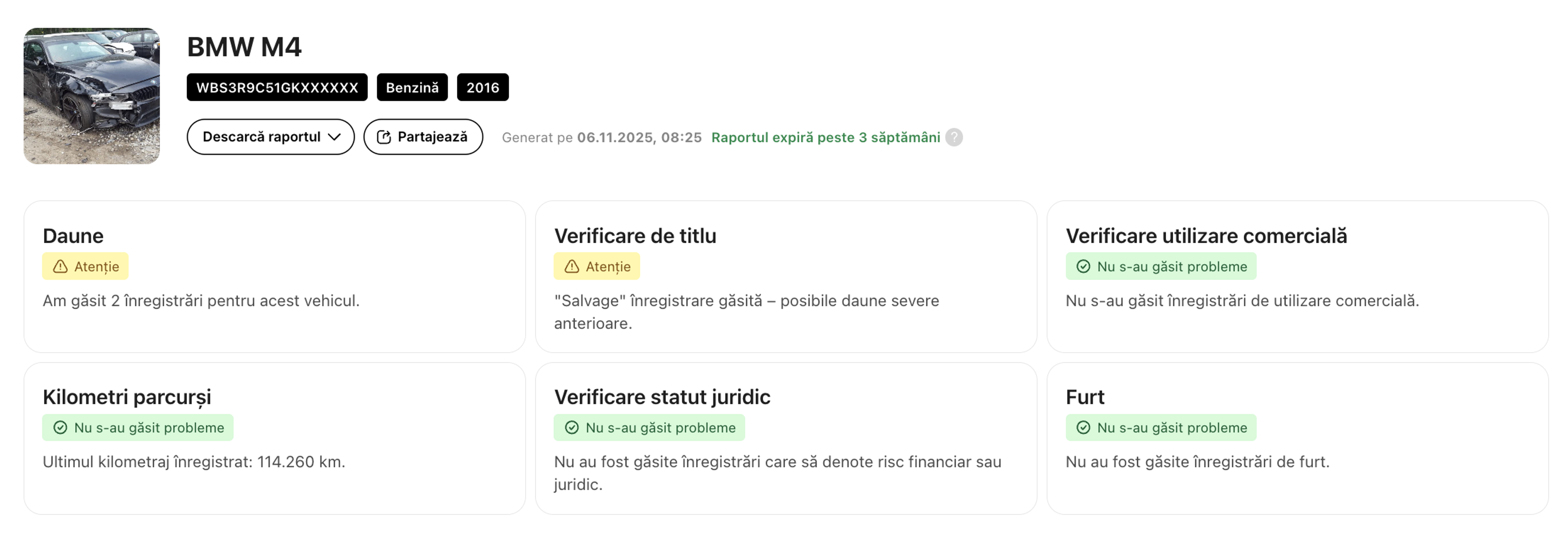 carVertical eșantion de raport