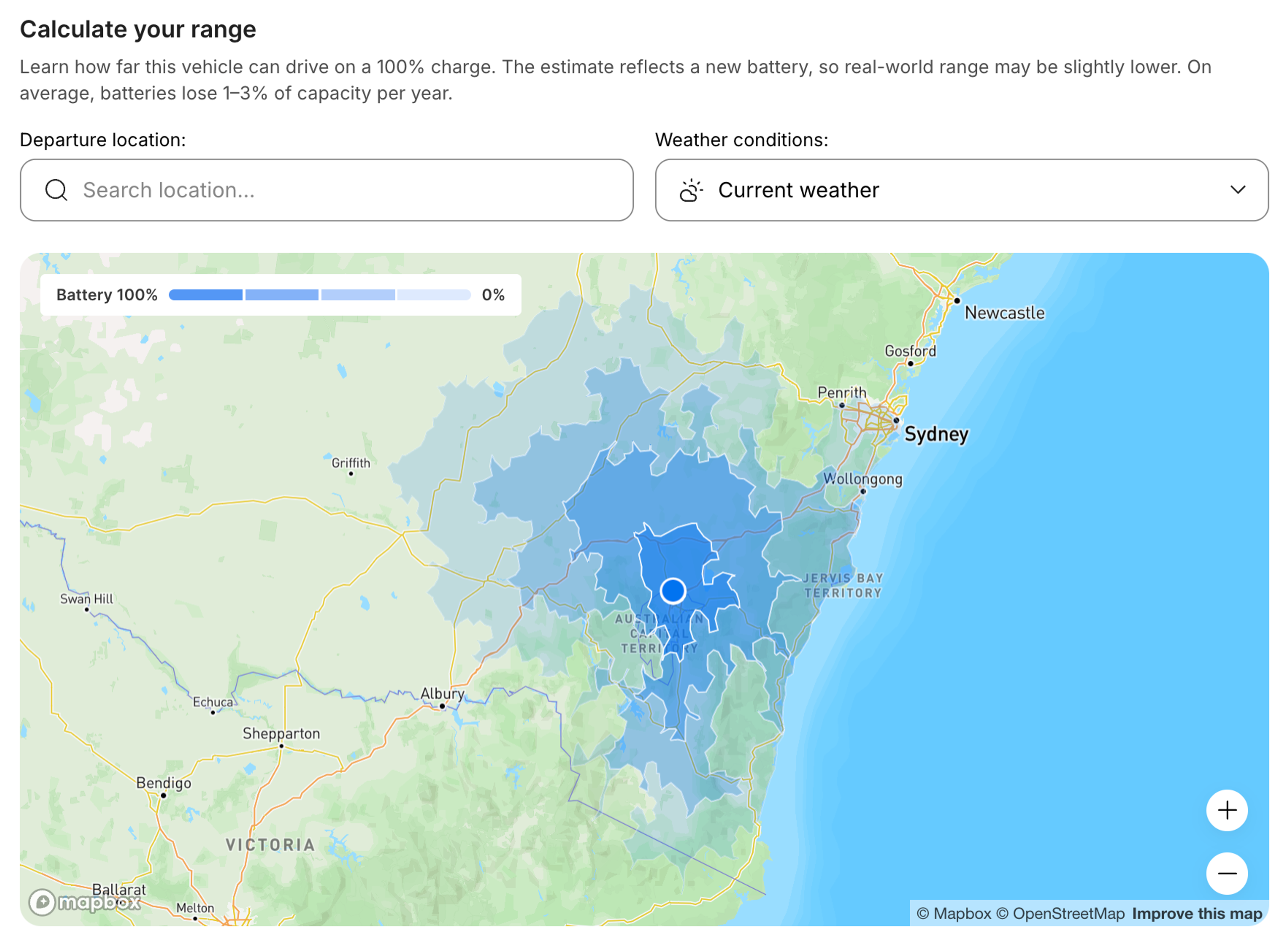 Interactive EV range map showing estimated driving distance