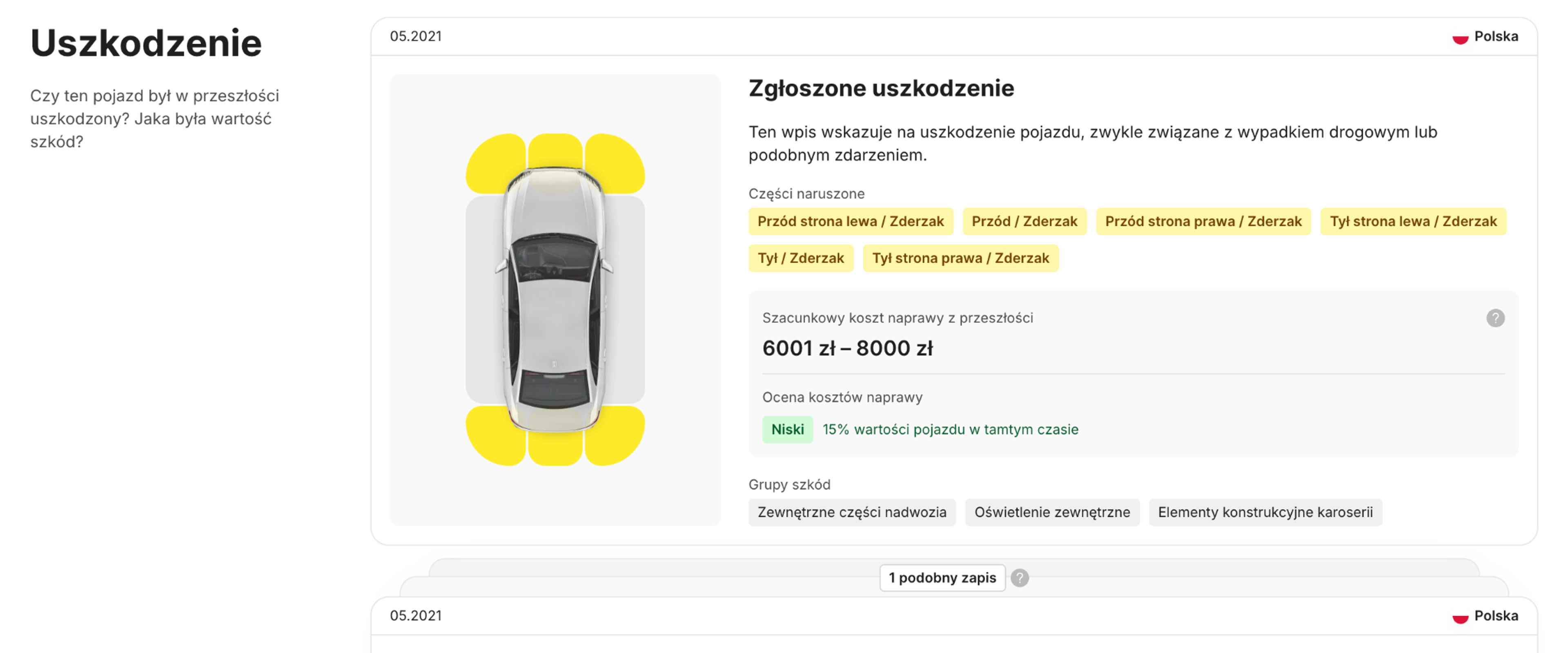 Informacje o uszkodzeniach z historii pojazdu w raporcie carVertical