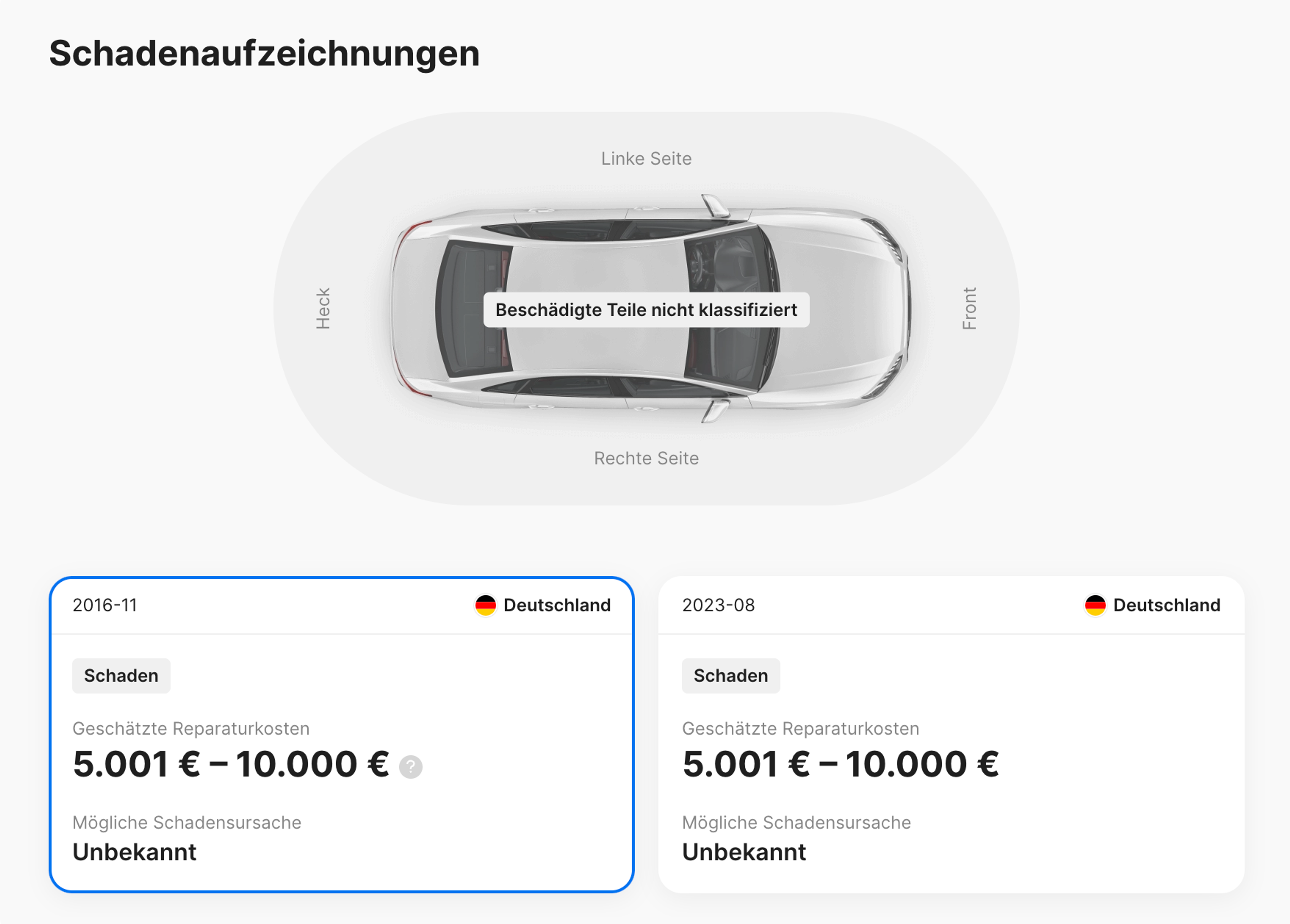 Ausschnitt aus carVertical-Bericht, Abschnitt „Schadenaufzeichnungen”