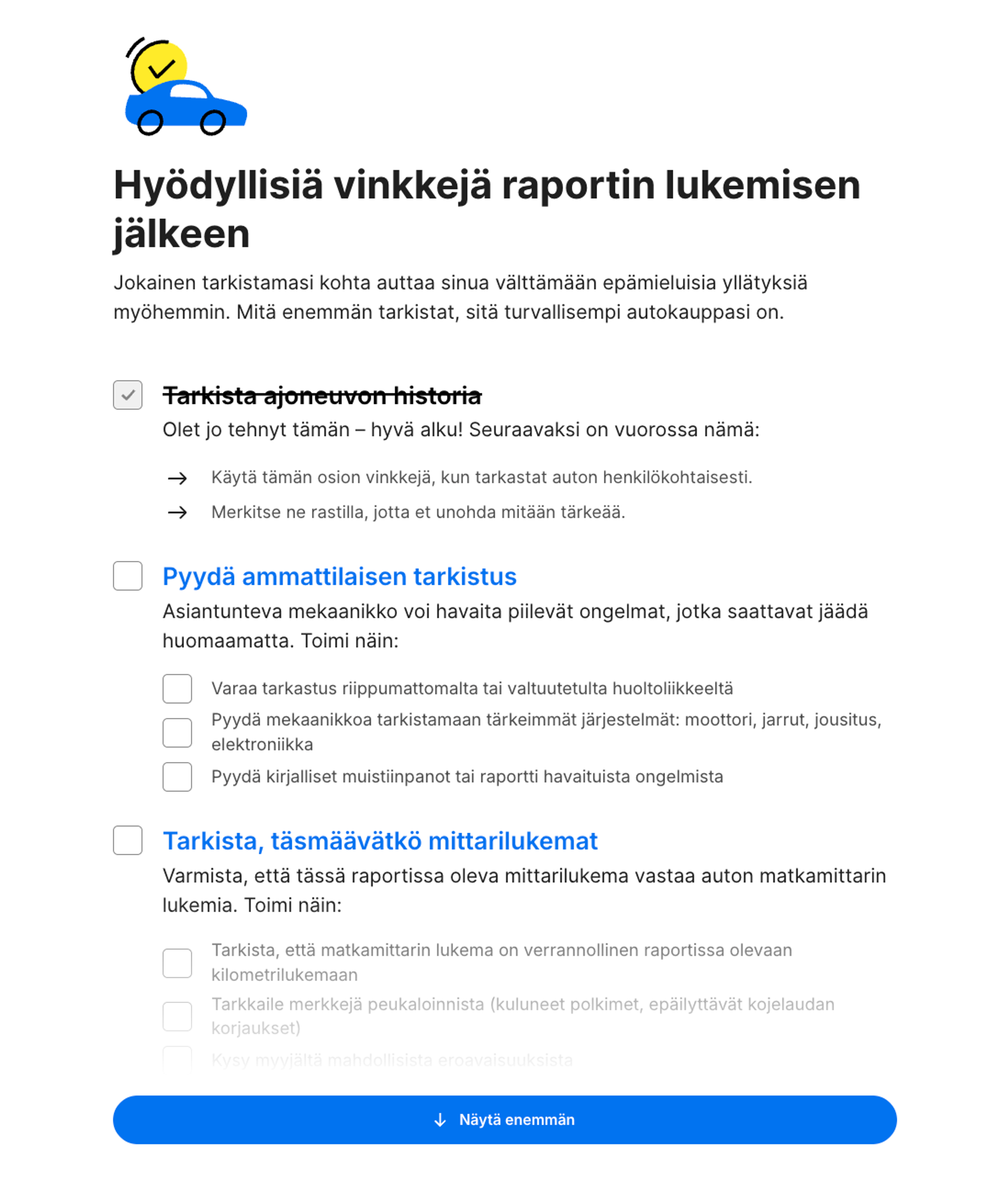 ”Mitä seuraavaksi?”-tarkistuslista carVerticalin raportissa