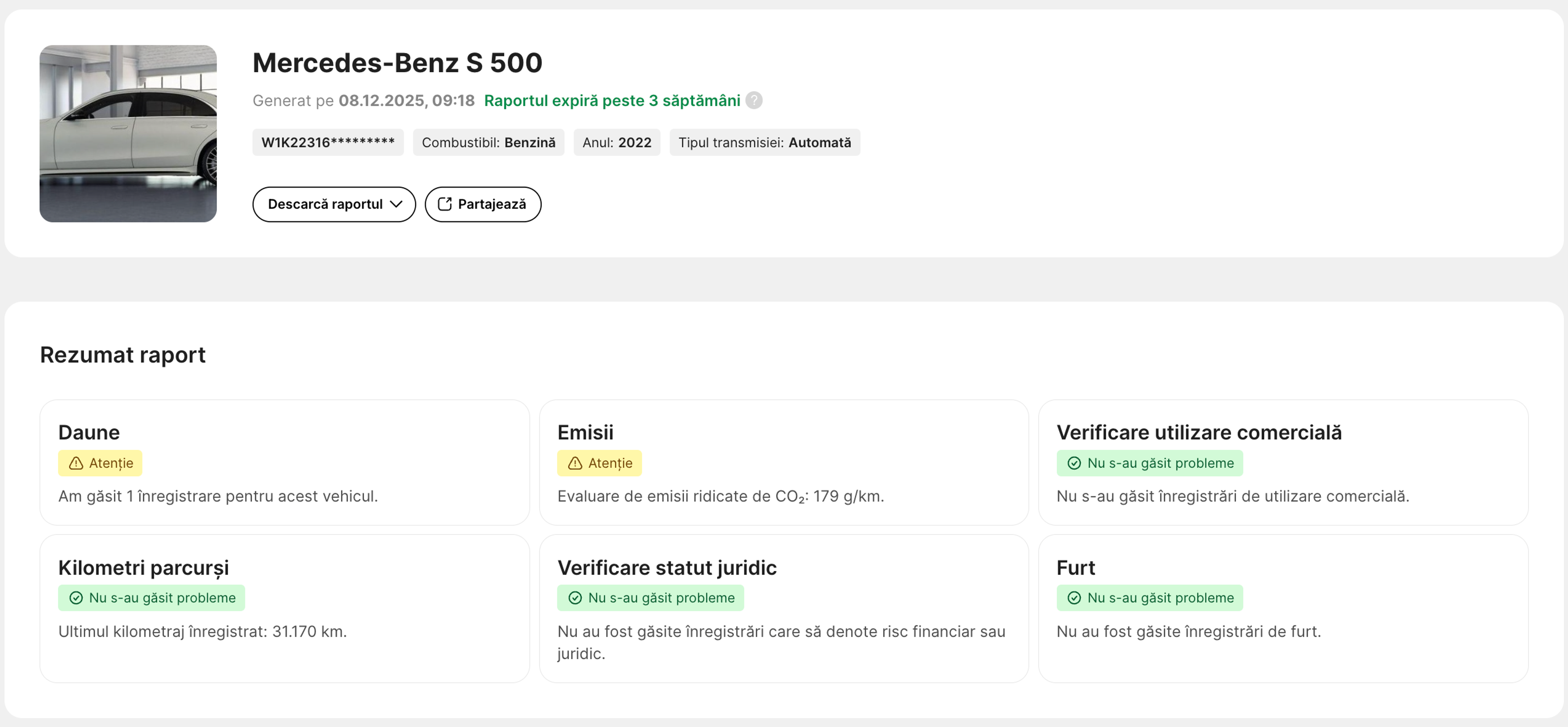 Secțiunea Rezumat din raport