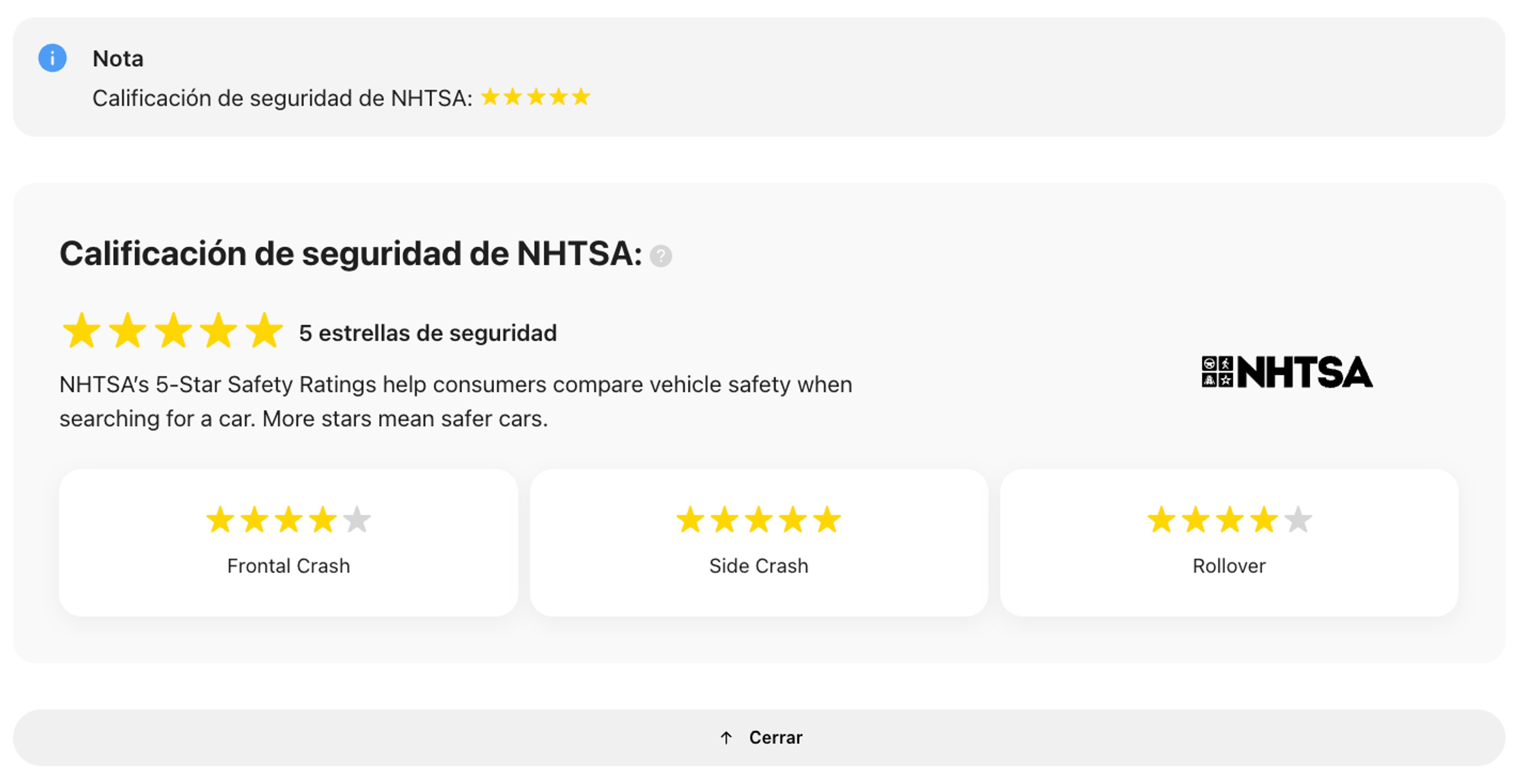 Calificaciones de seguridad de la NHTSA en el informe CarVertical