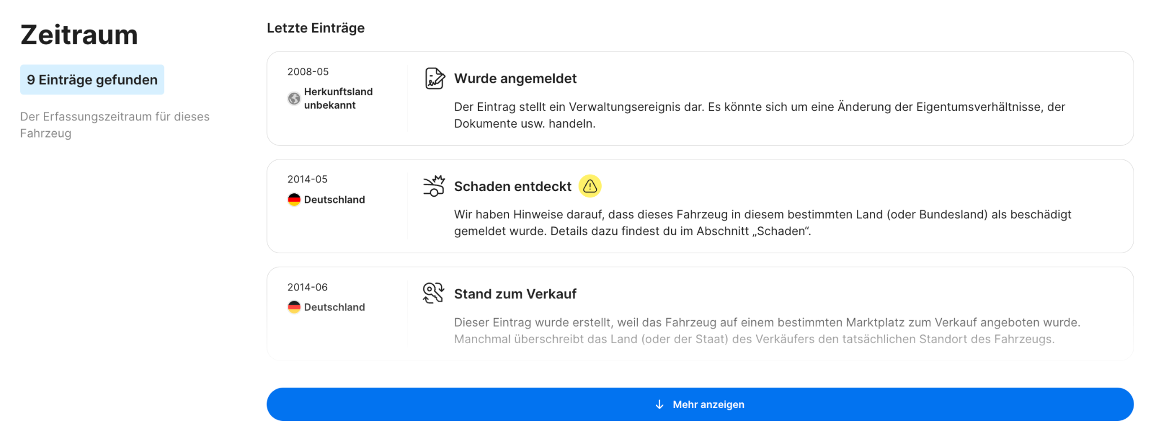 Zeitleistenabschnitt im carVertical-Bericht