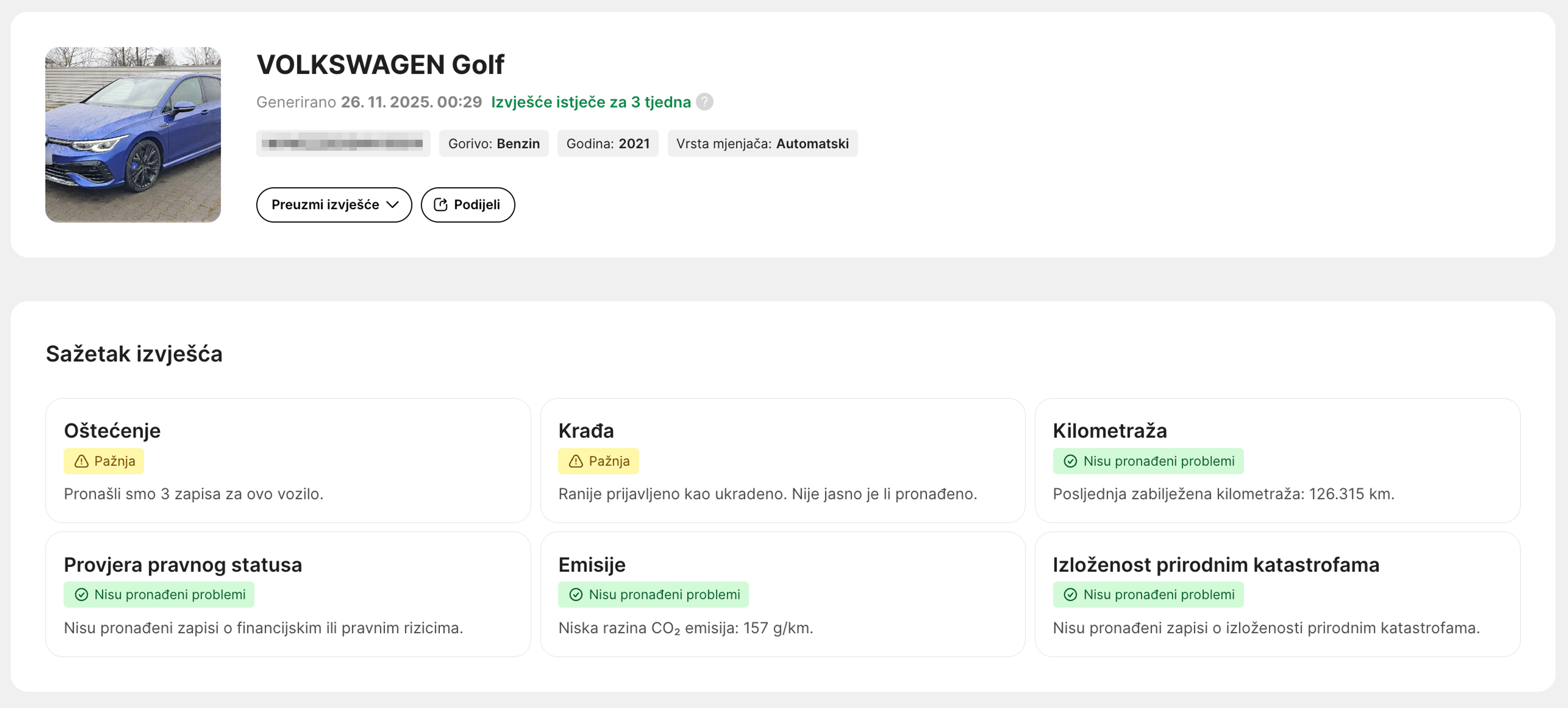 Izvještaj o povijesti vozila koji prikazuje evidenciju krađe i oštećenja