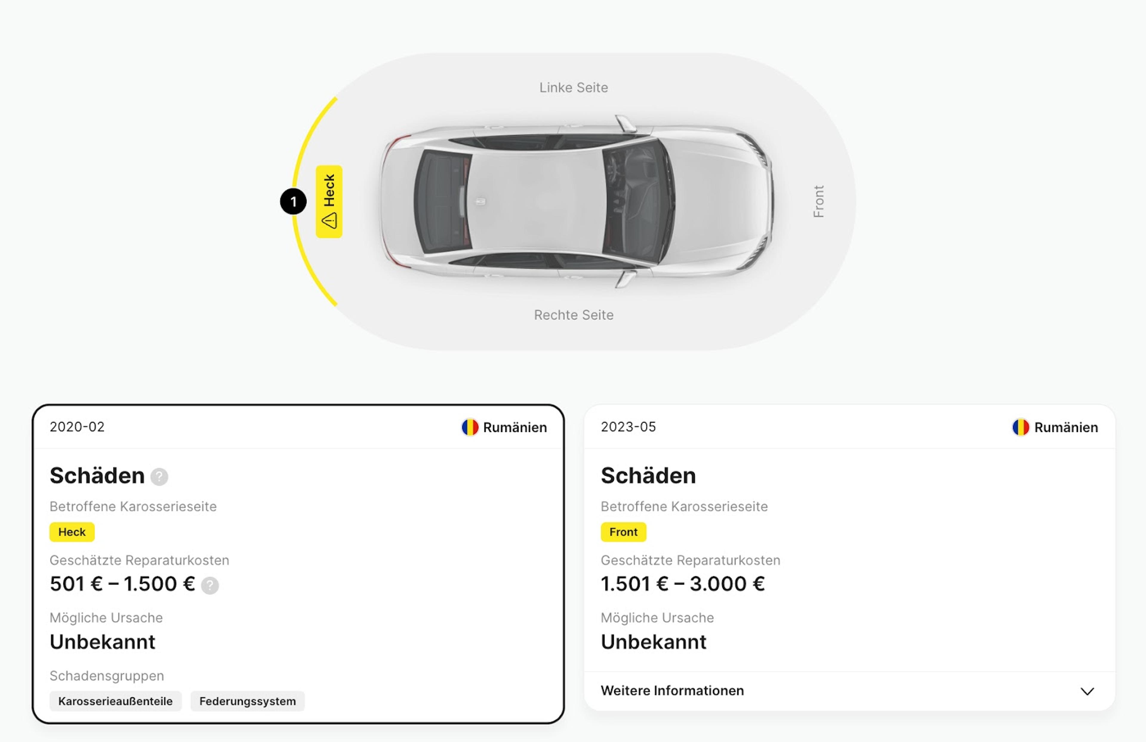 Schadensaufzeichnungen aus einer Fahrzeughistorie