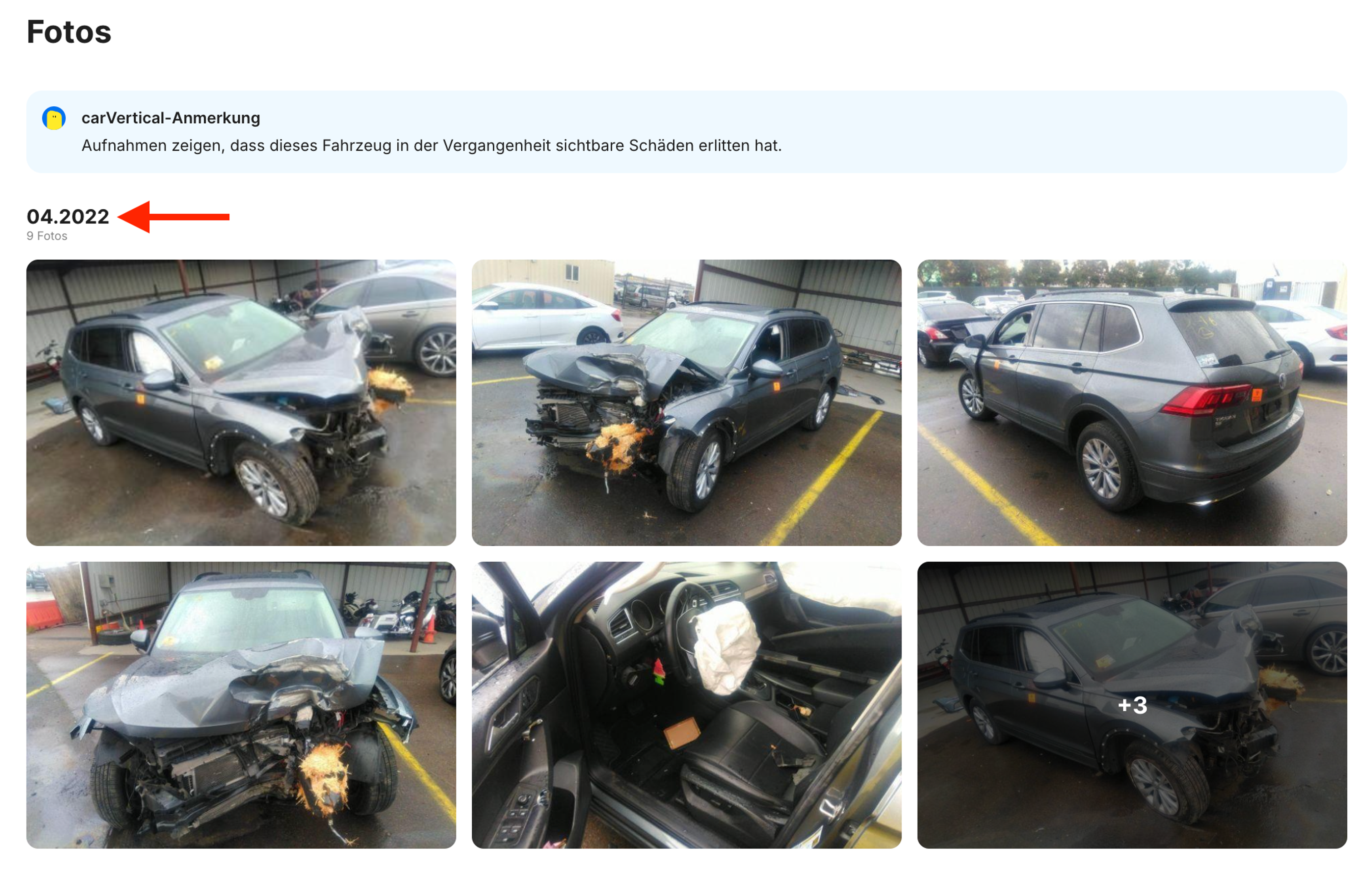 Schadensfotos eines Fahrzeugs im carVertical-Bericht
