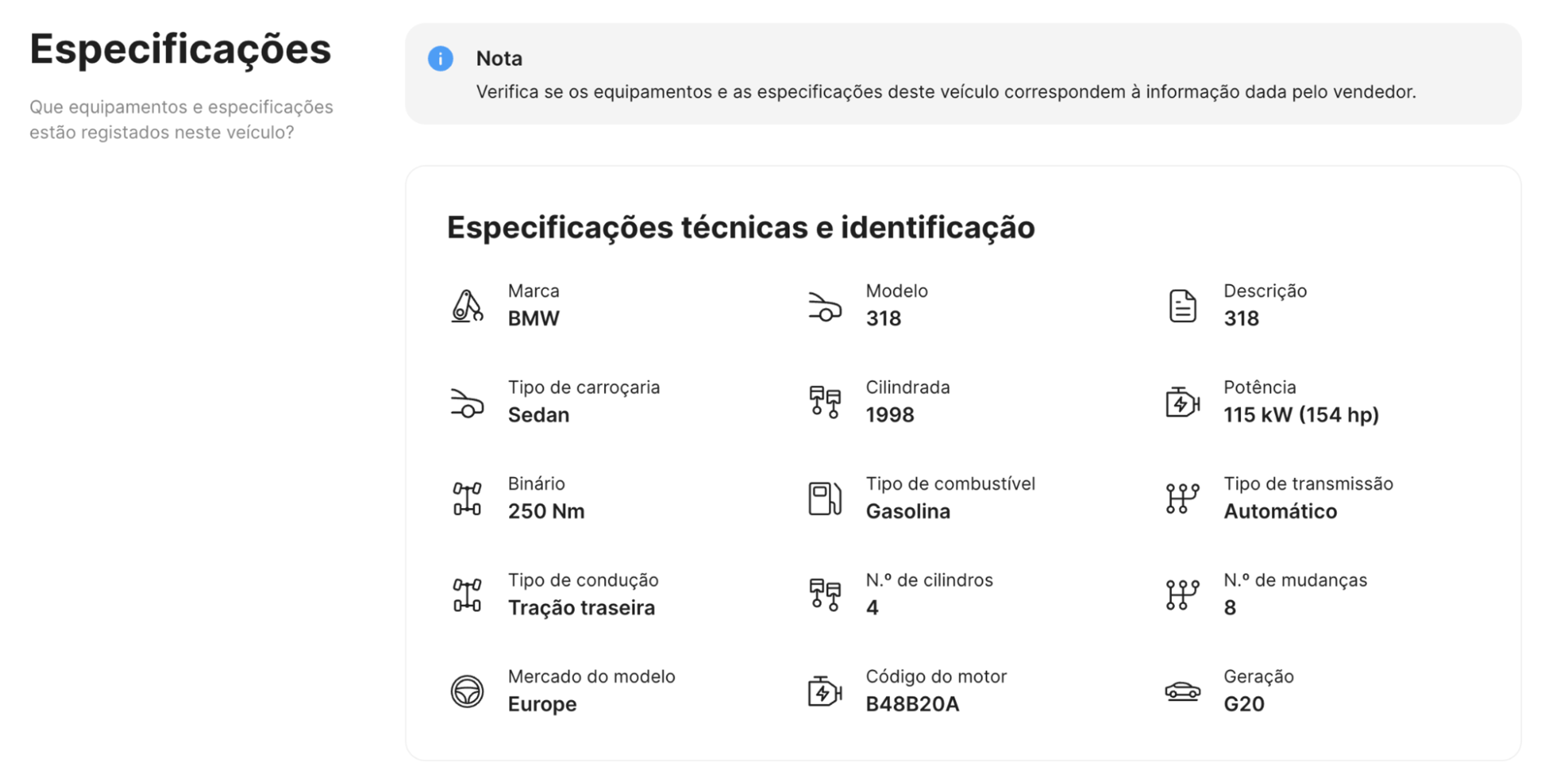 Lista de especificações originais de um veículo