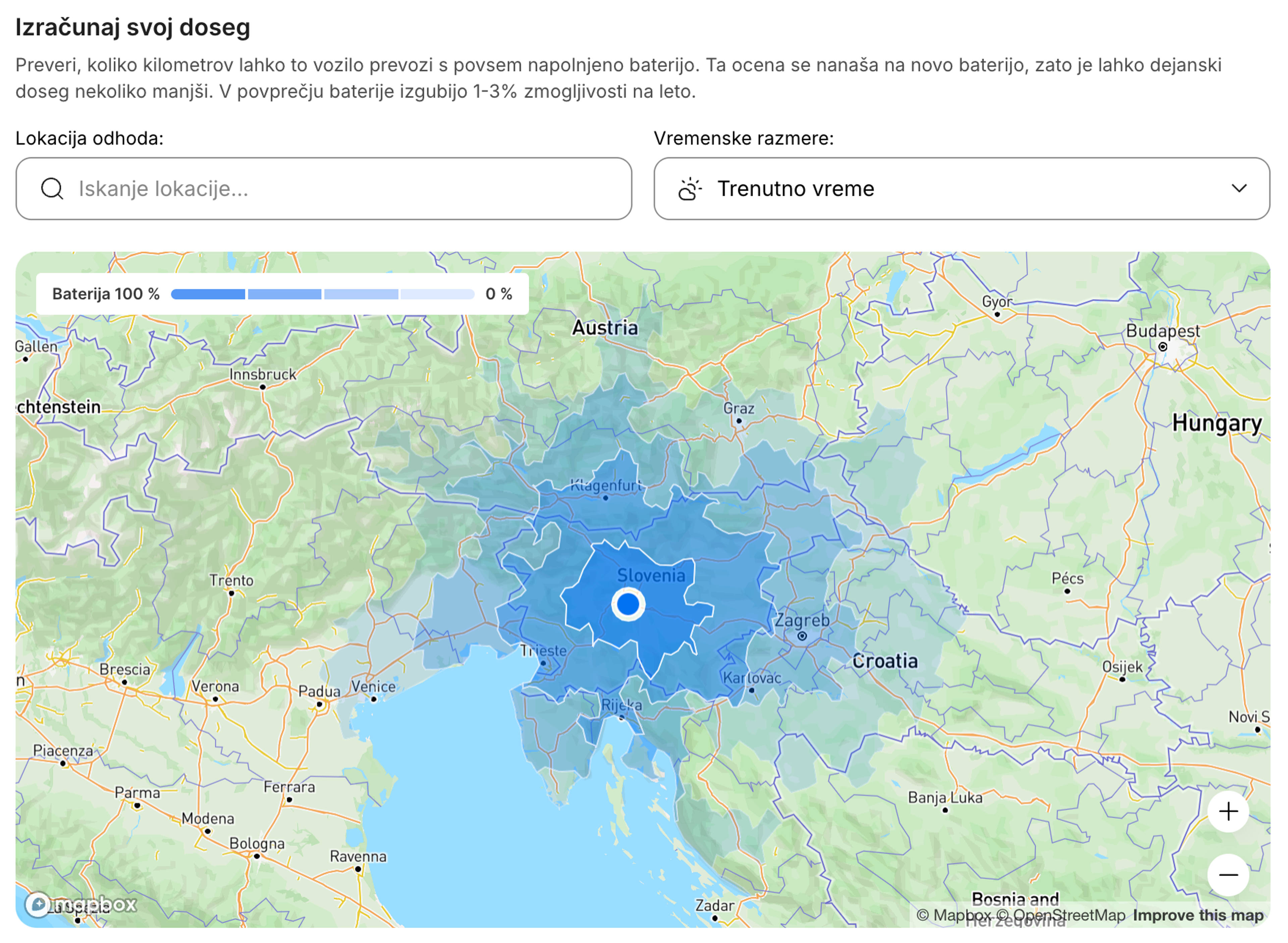 Interaktivni zemljevid dosega električnega vozila, ki prikazuje ocenjeno razdaljo vožnje.