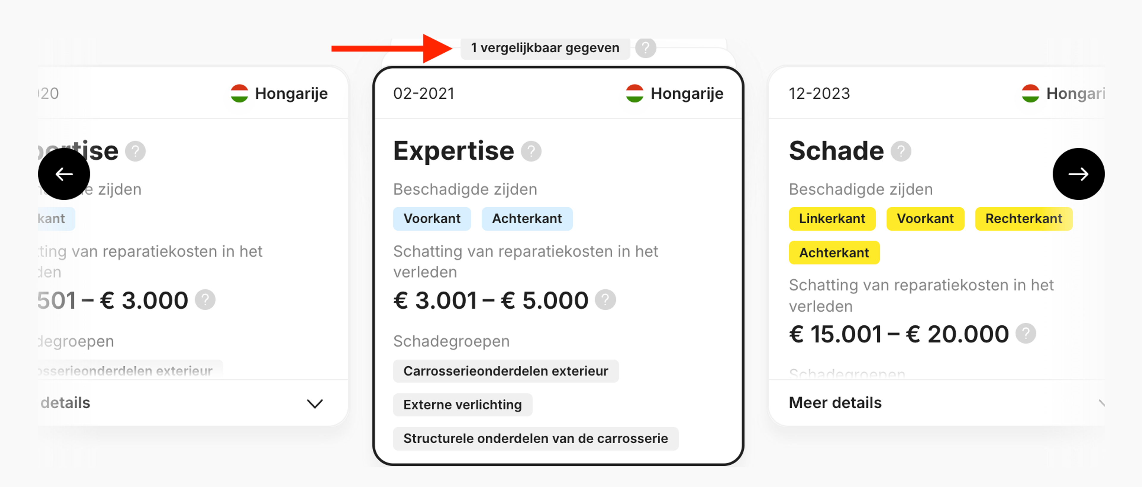 Vergelijkbare gegevens in het onderdeel Schade