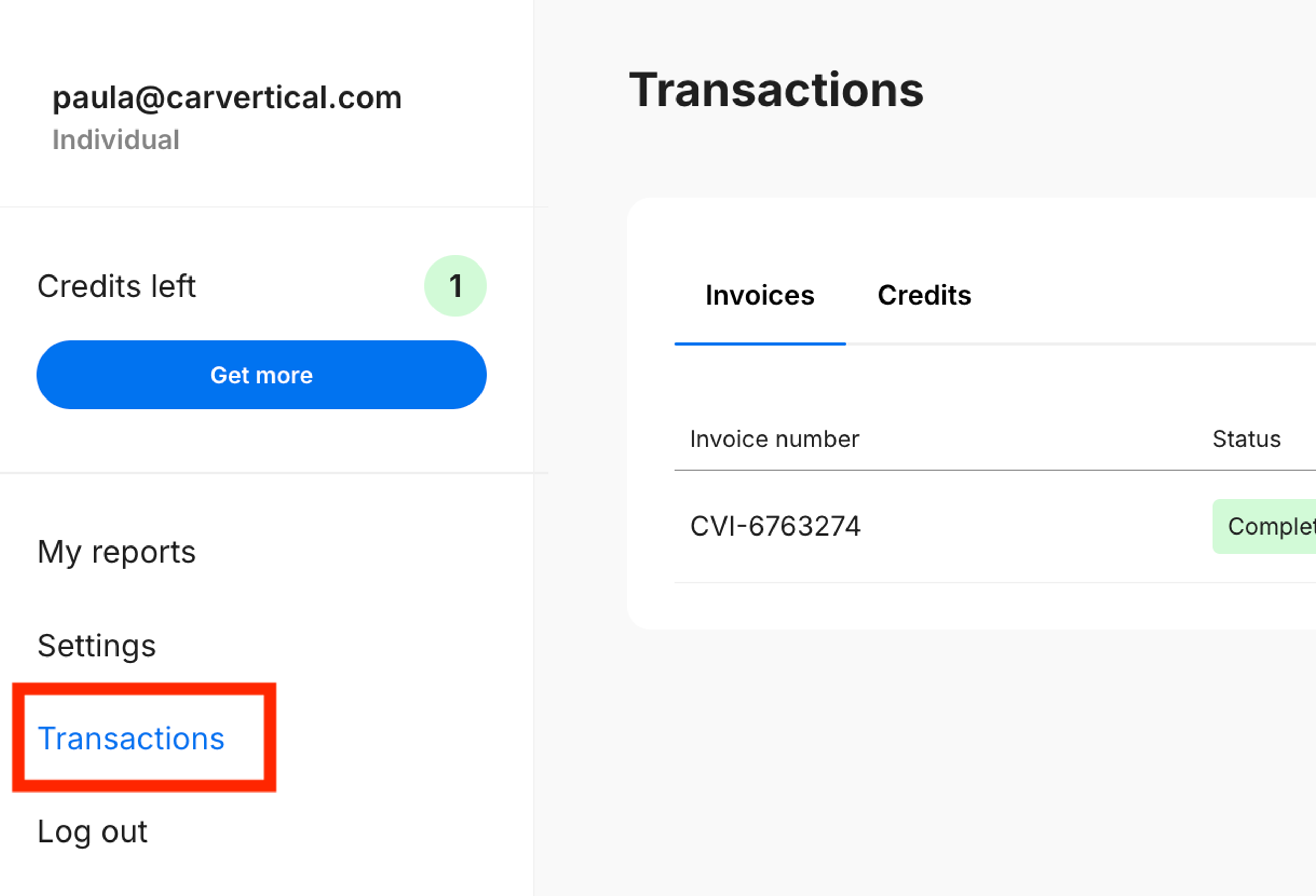 transactions in carVertical account