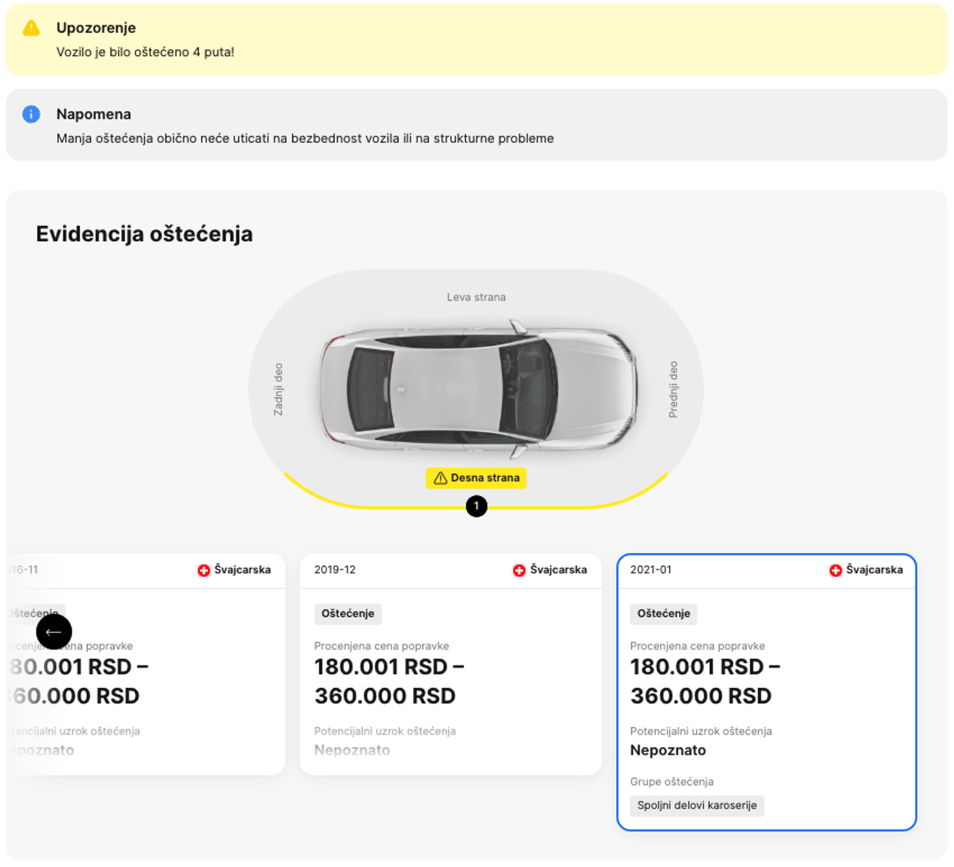 Deo carVertical izveštaja o oštećenjima