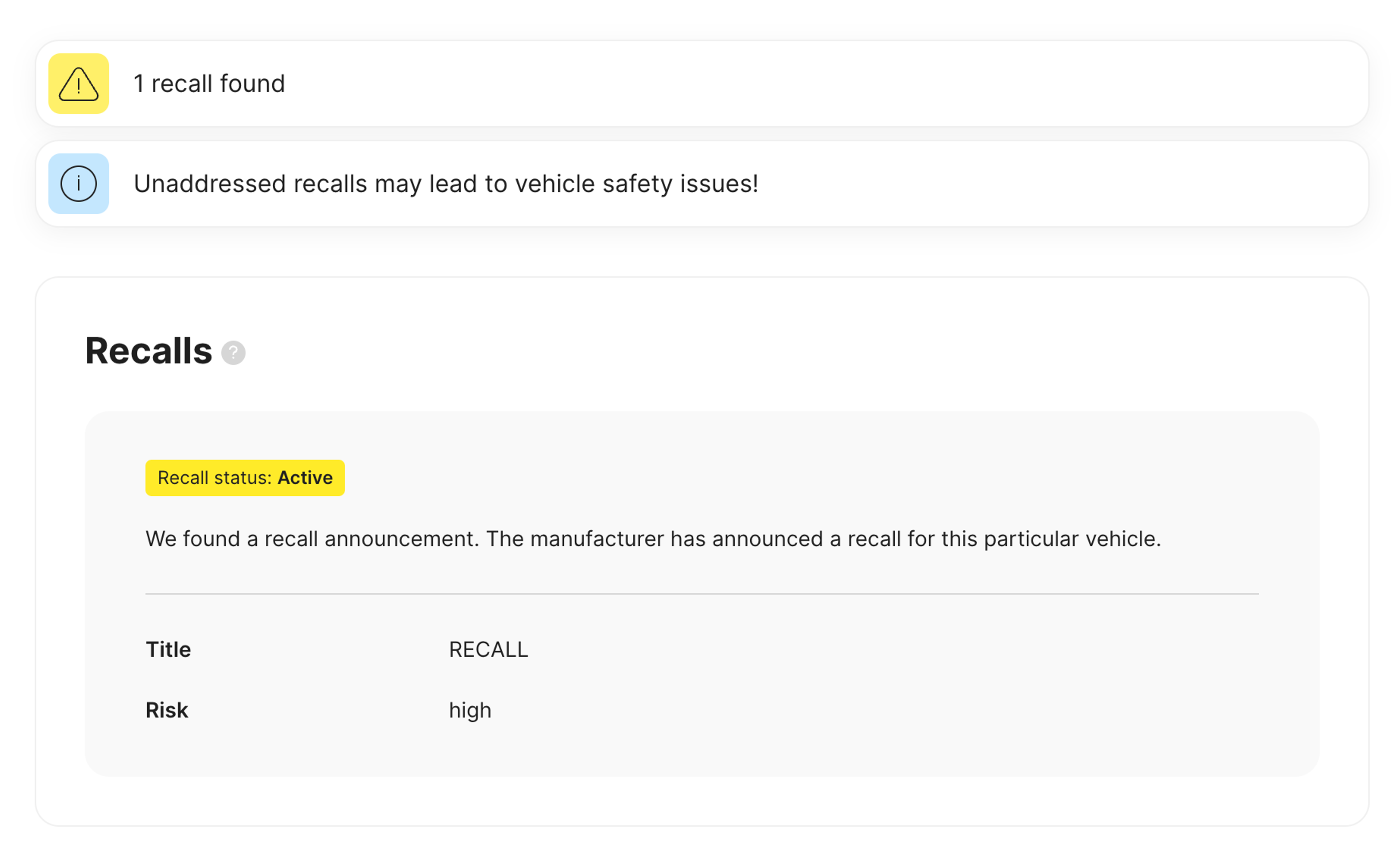 Active car recall in Safety section