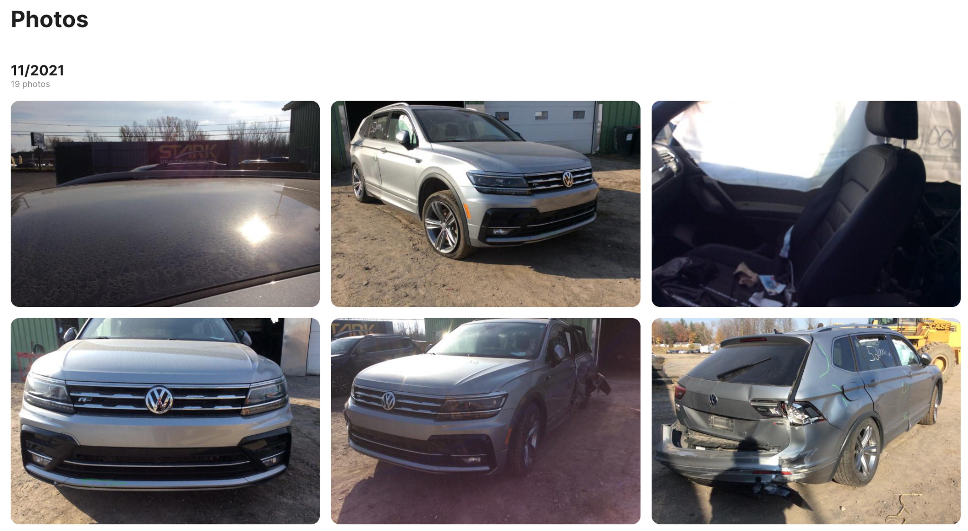 Photos of a damaged Volkswagen in a history report