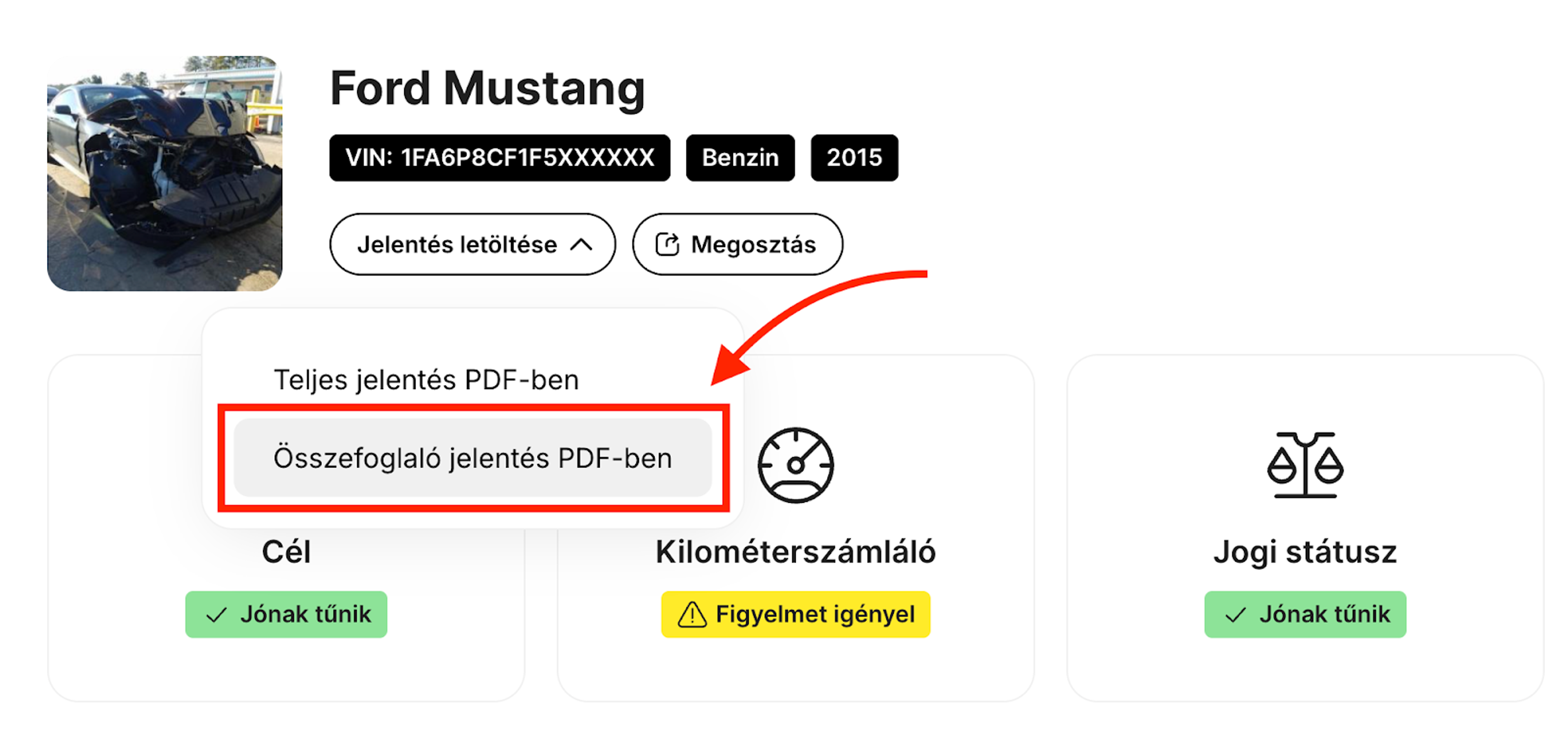 Az összefoglaló PDF- jelentés letöltése a carVertical rendszeréből