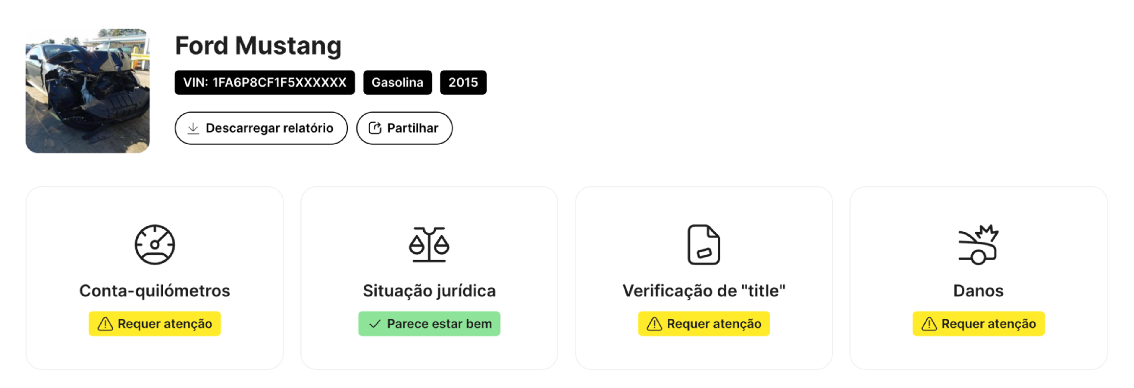 Secções dos relatórios da carVertical