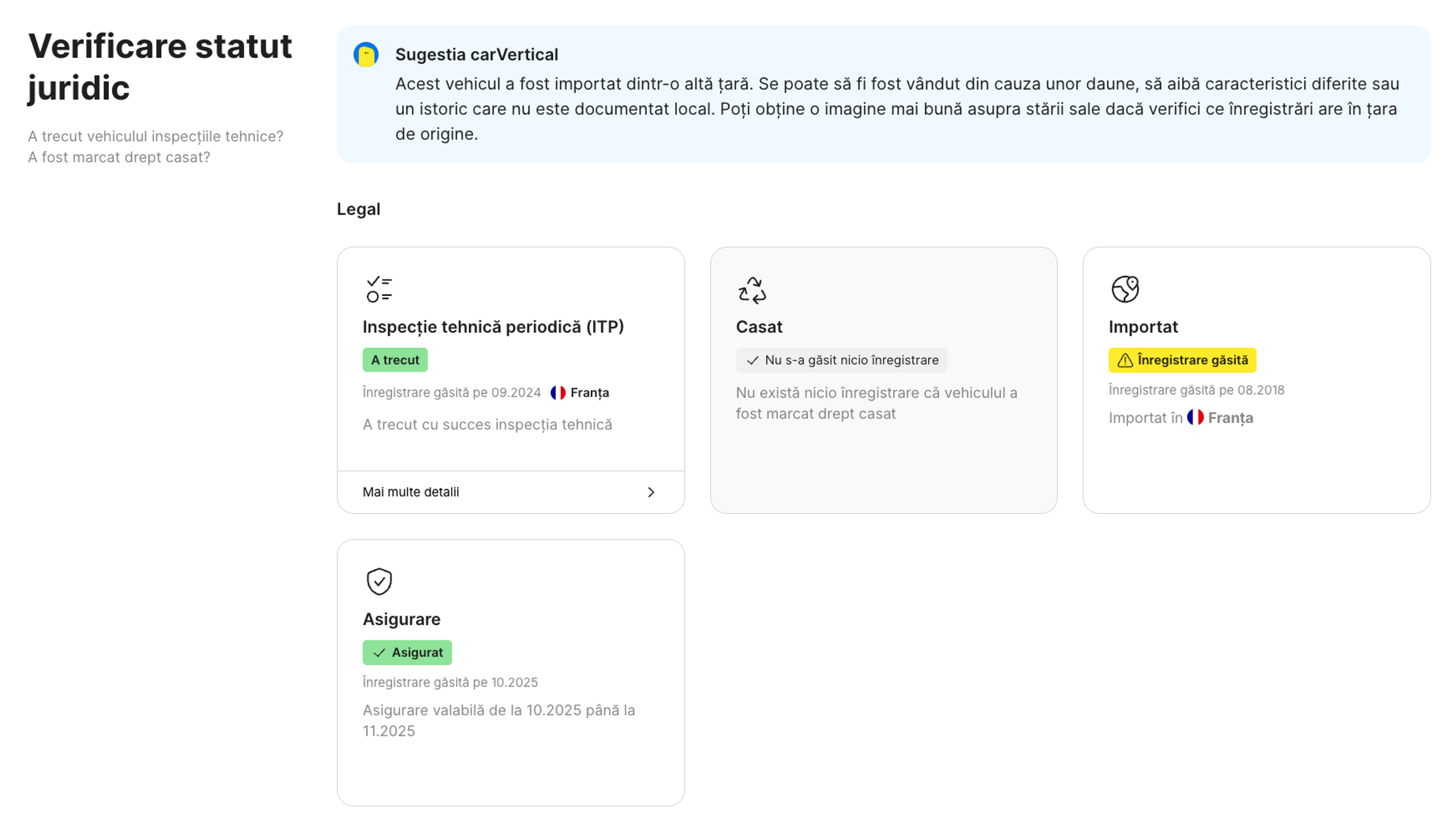 Caracteristica privind statutul financiar și juridic din raportul carVertical